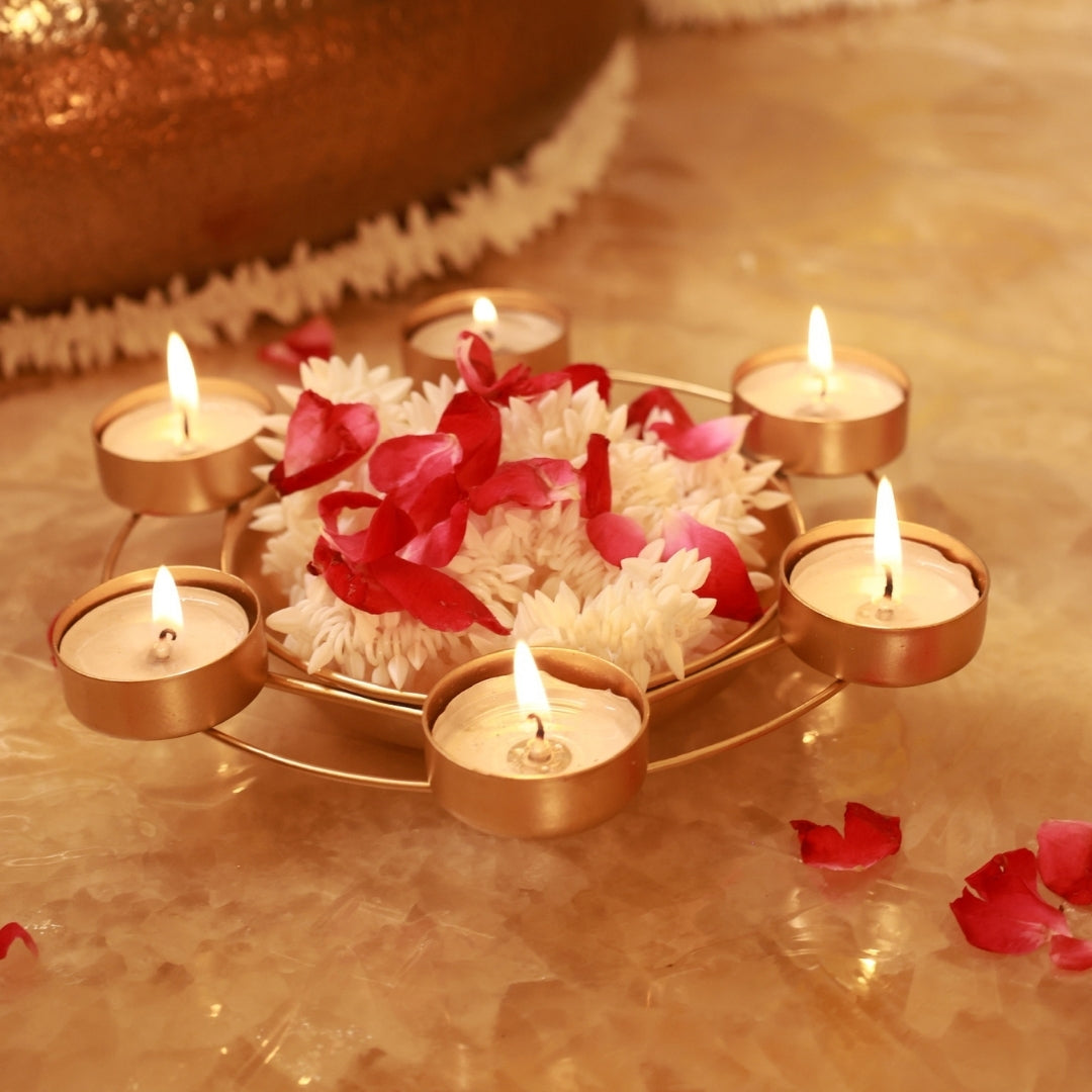 Metal Hexagon Urli with 6 candle stand