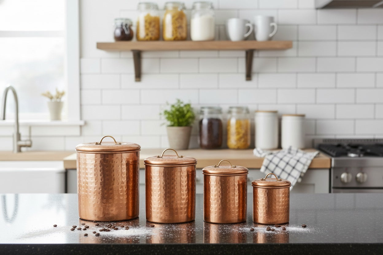 Copper Plated Kitchen Canister Set of 4 | Diamond Embossed Steel