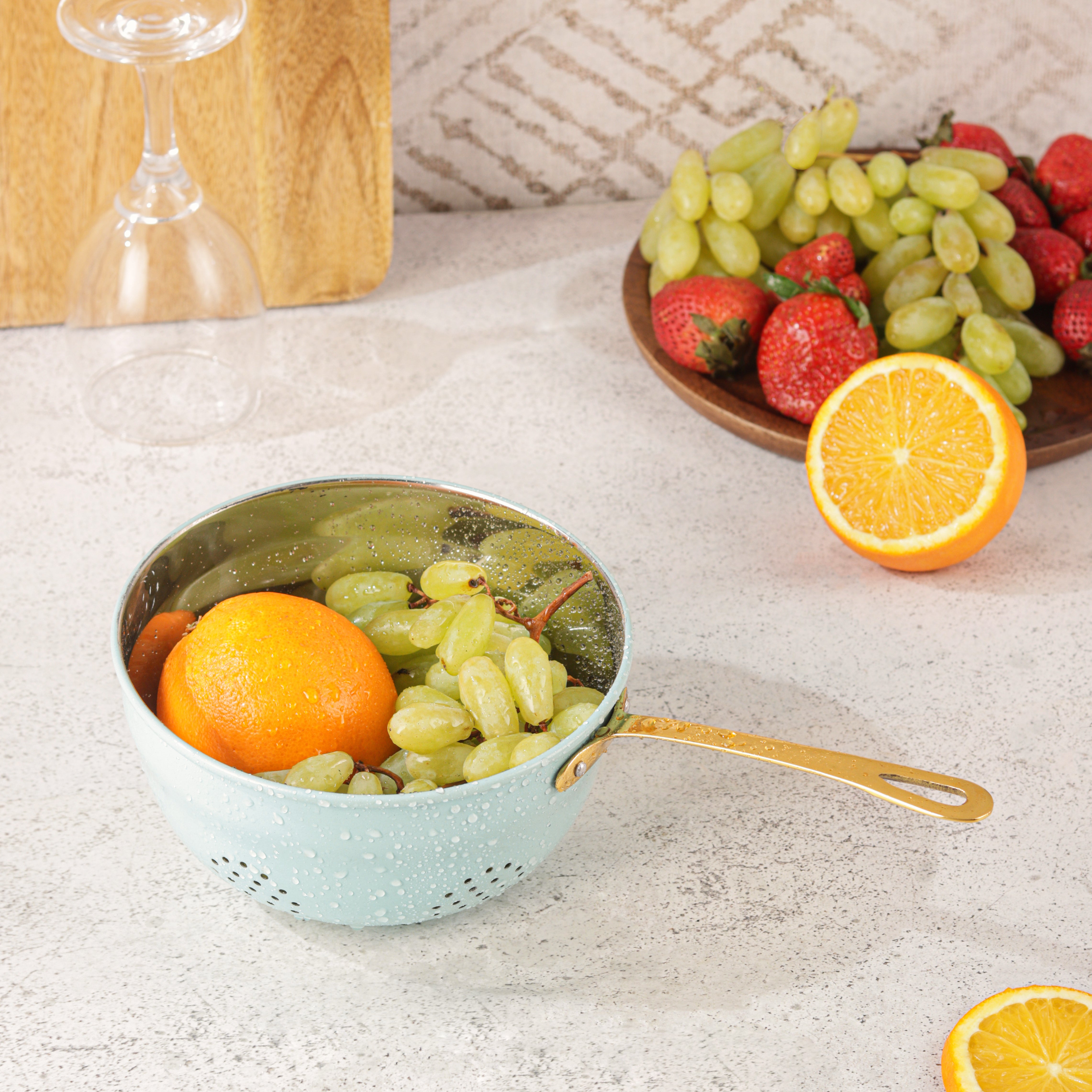 blue metal colander