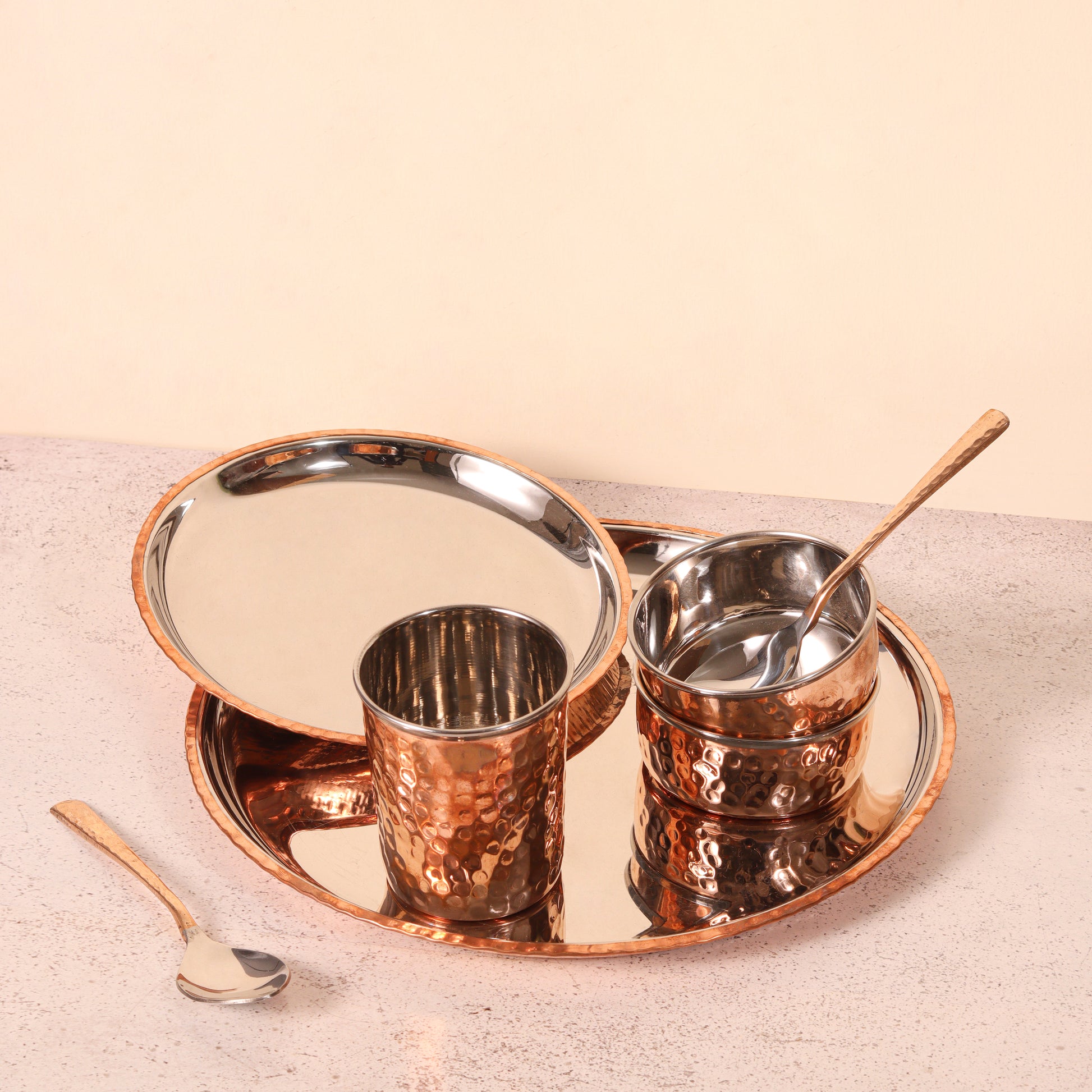 Copper and Steel Dinner Set (One plate, Two Bowls, One glass, Two Spoons and one Quarter Plate) Hammered