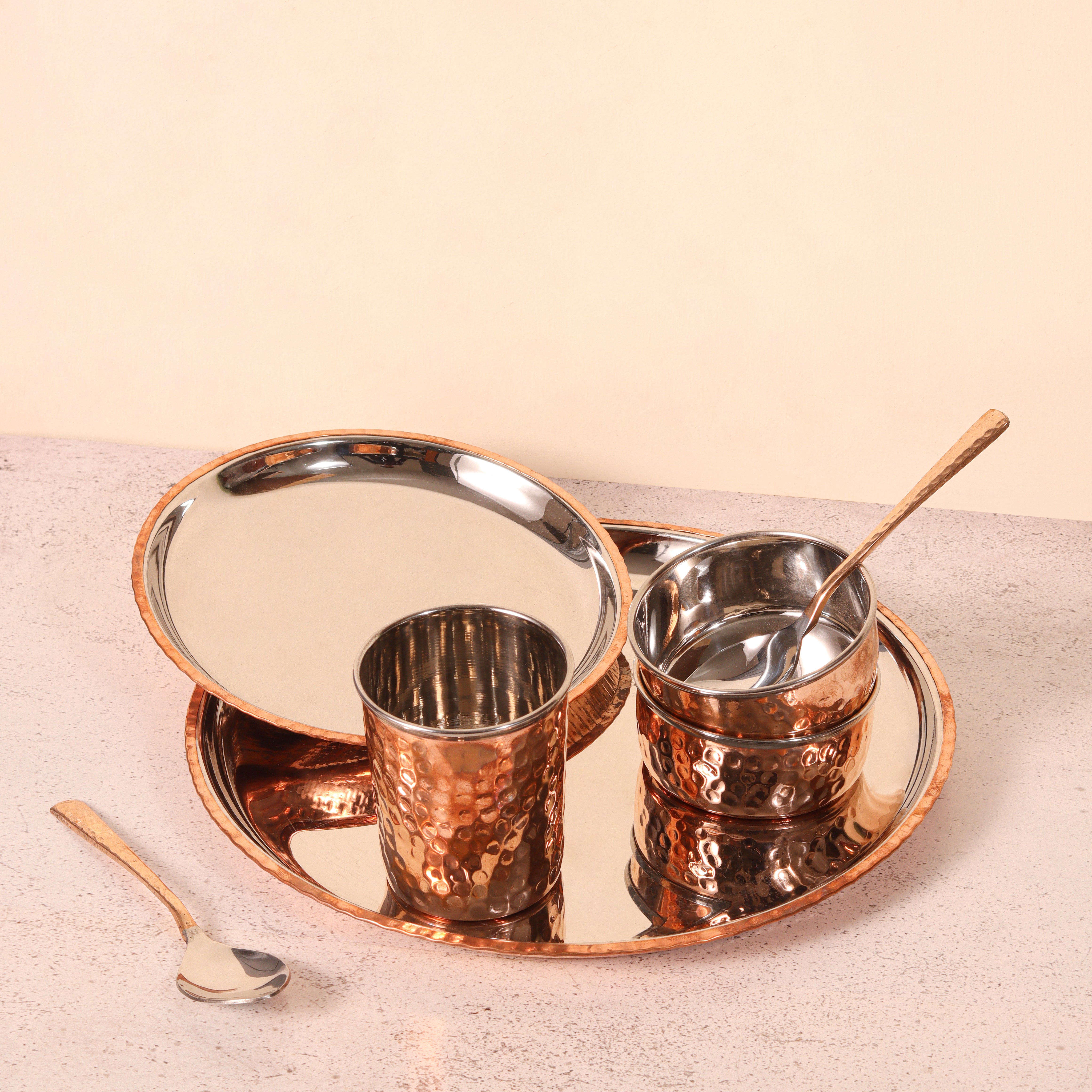 Copper and Steel Dinner Set (One plate, Two Bowls, One glass, Two Spoons and one Quarter Plate) Hammered