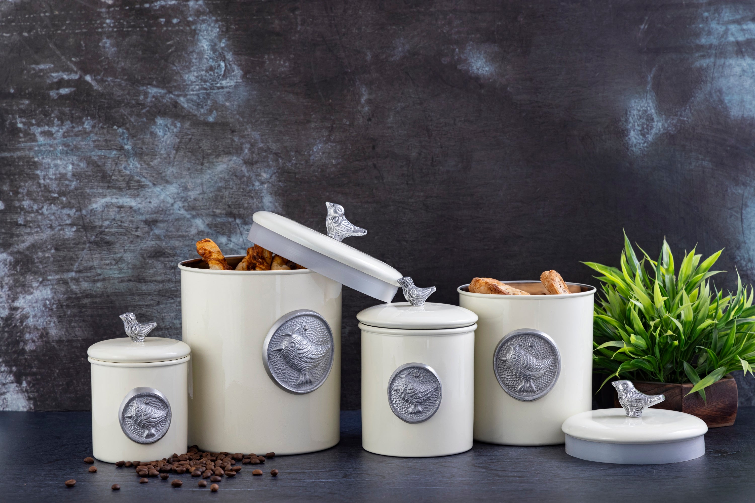 Matt Cream Powder Coating Steel Kitchen Storage Canister Set Includes Large, Medium, Small & Extra Small Sizes | Kitchen Organiser & Condiment storage