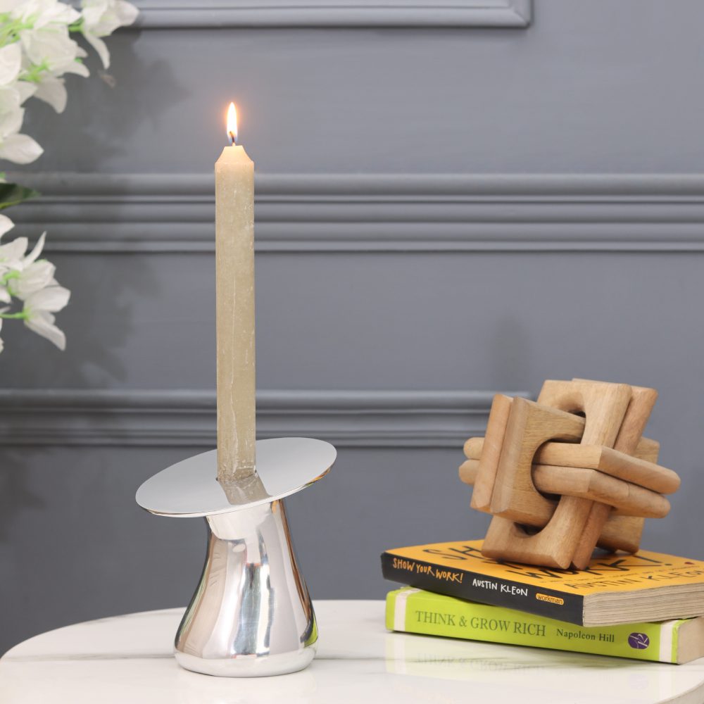 Mushroom Candle Stand in Shiny Aluminium, Unique Metal Holder
