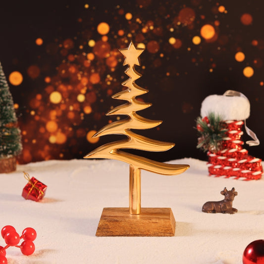 Christmas Tree Artifact with wooden Stand S/2 (Silver and Aluminium)