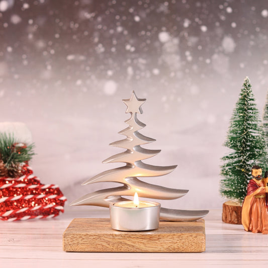 Tree silver and Star gold Candle with Wooden Base Silver and Gold S/2