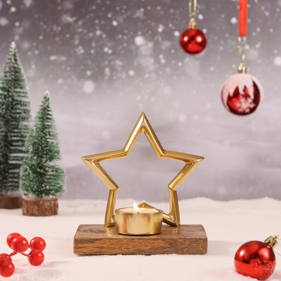 Tree silver and Star gold Candle with Wooden Base Silver and Gold S/2