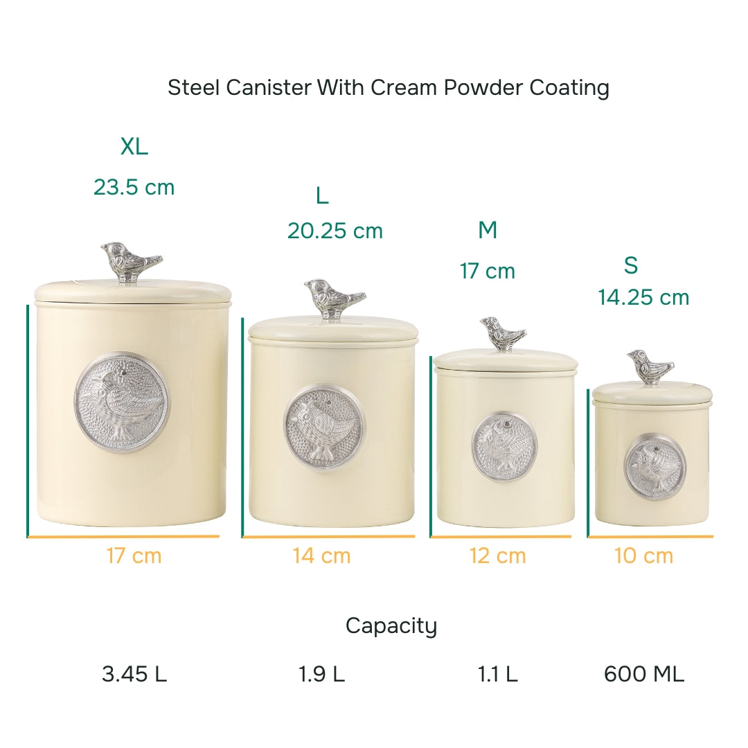 Matt Cream Powder Coating Steel Kitchen Storage Canister Set Includes Large, Medium, Small & Extra Small Sizes | Kitchen Organiser & Condiment storage
