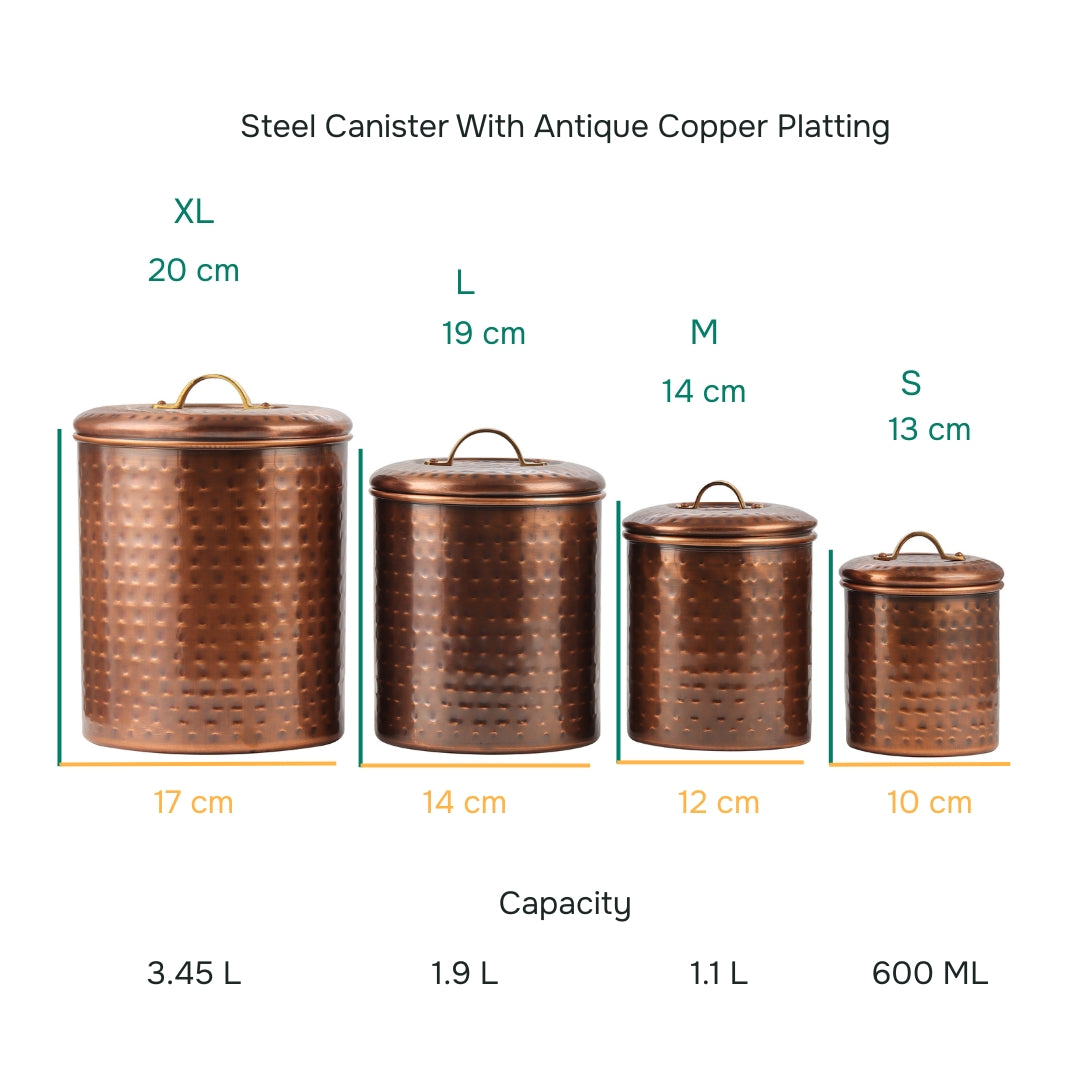 Antique Copper Steel with Brass Handle Kitchen Storage Canister Set Includes Large, Medium, Small & Extra Small Sizes | Kitchen Organiser & Condiment storage