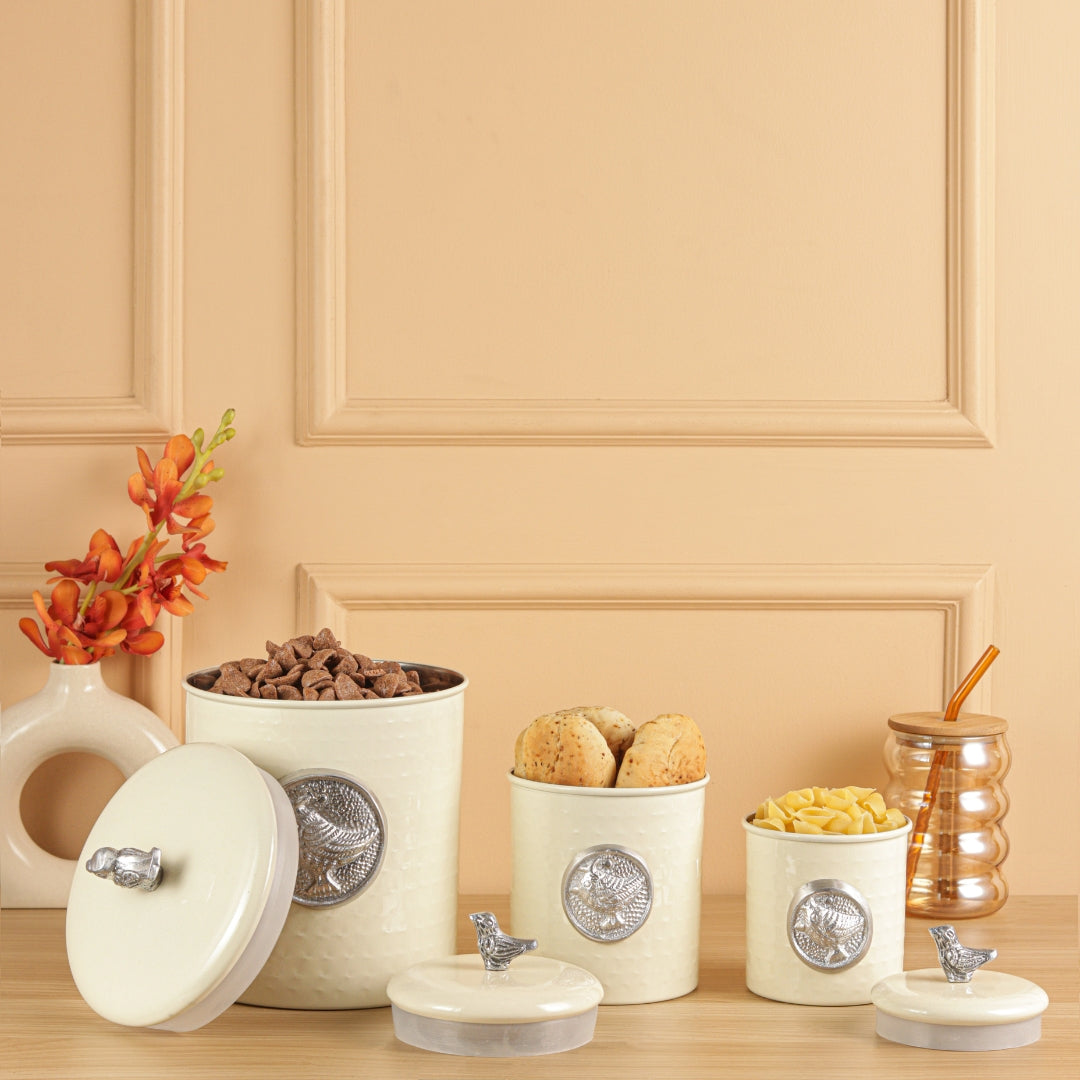 Matt Cream Powder Coating Steel Kitchen Storage Canister Set Includes Large, Medium, Small & Extra Small Sizes | Kitchen Organiser & Condiment storage