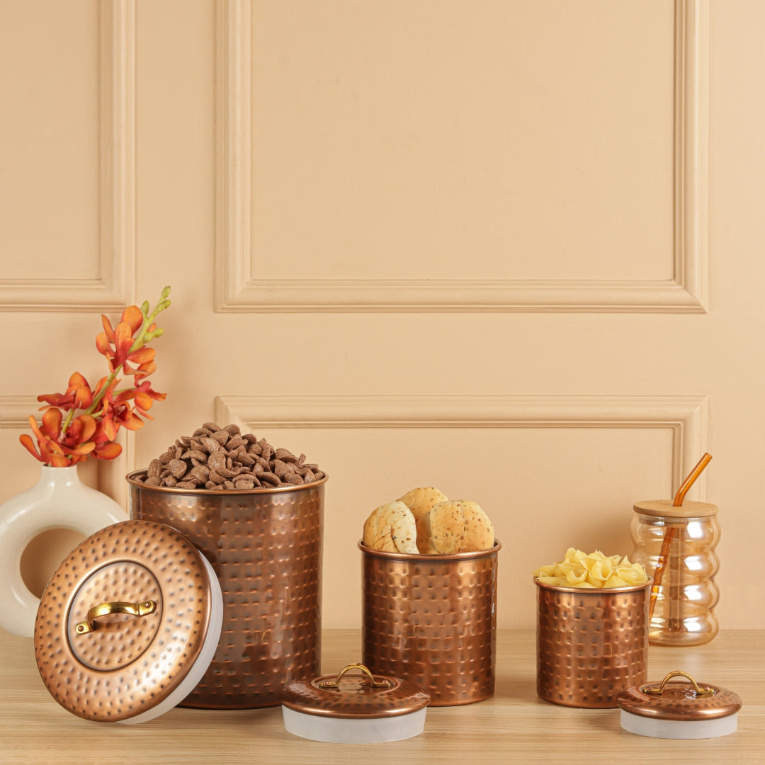 Antique Copper Steel with Brass Handle Kitchen Storage Canister Set Includes Large, Medium, Small & Extra Small Sizes | Kitchen Organiser & Condiment storage