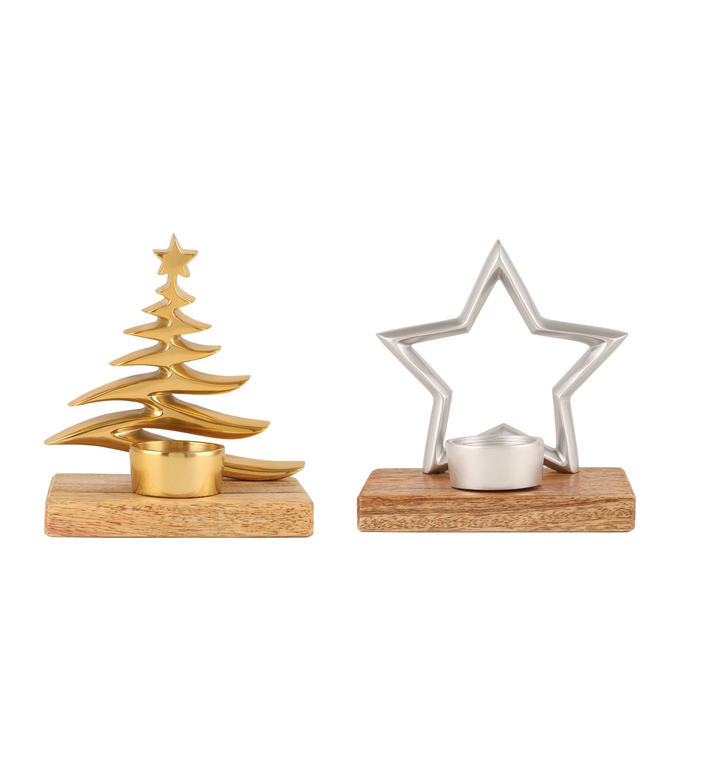 Tree Gold and Star SilverCandle with Wooden Base Silver and Gold S/2