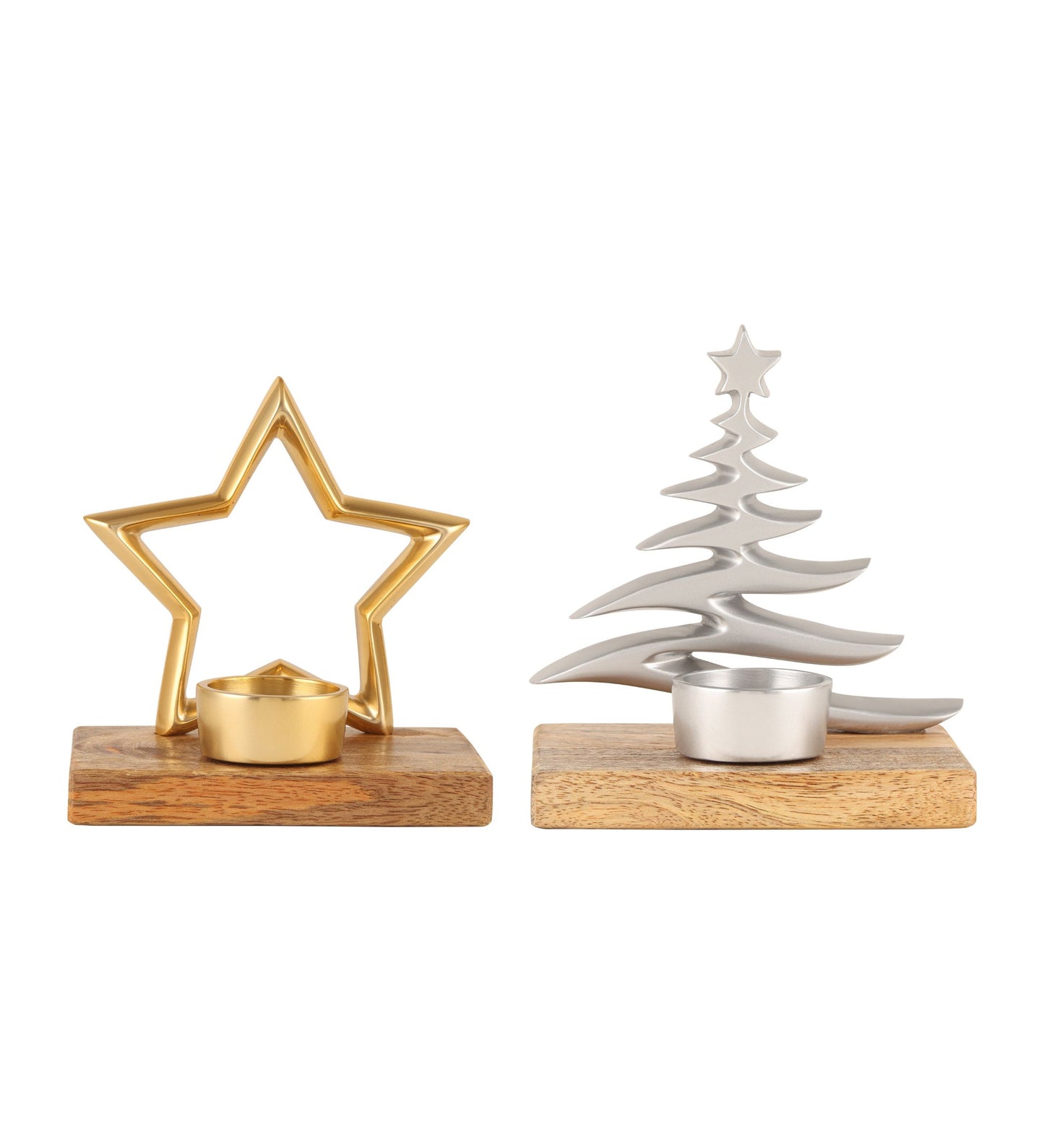 Tree silver and Star gold Candle with Wooden Base Silver and Gold S/2