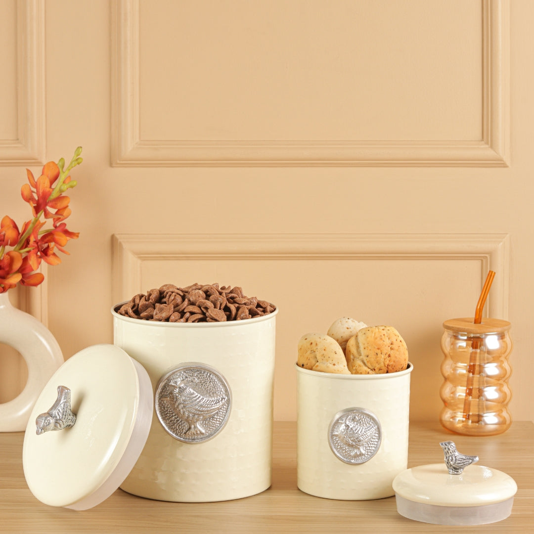 Matt Cream Powder Coating Steel Kitchen Storage Canister Set Includes Large, Medium, Small & Extra Small Sizes | Kitchen Organiser & Condiment storage