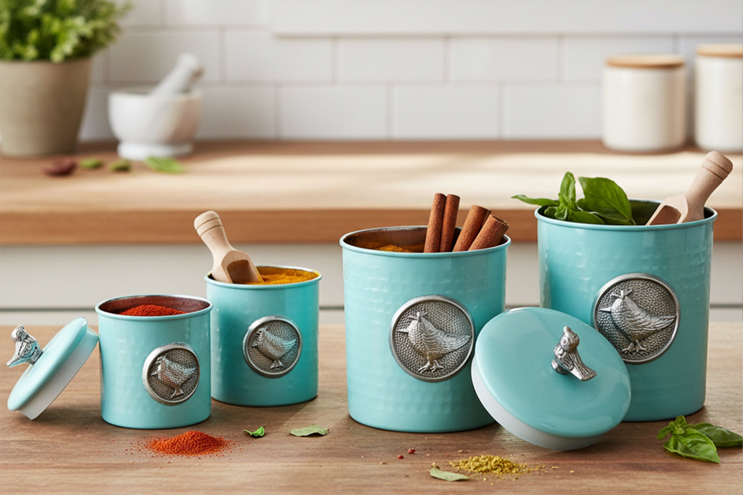 Matt Blue Powder Coating Steel Kitchen Storage Canister Set Includes Large, Medium, Small & Extra Small Sizes | Kitchen Organiser & Condiment storage