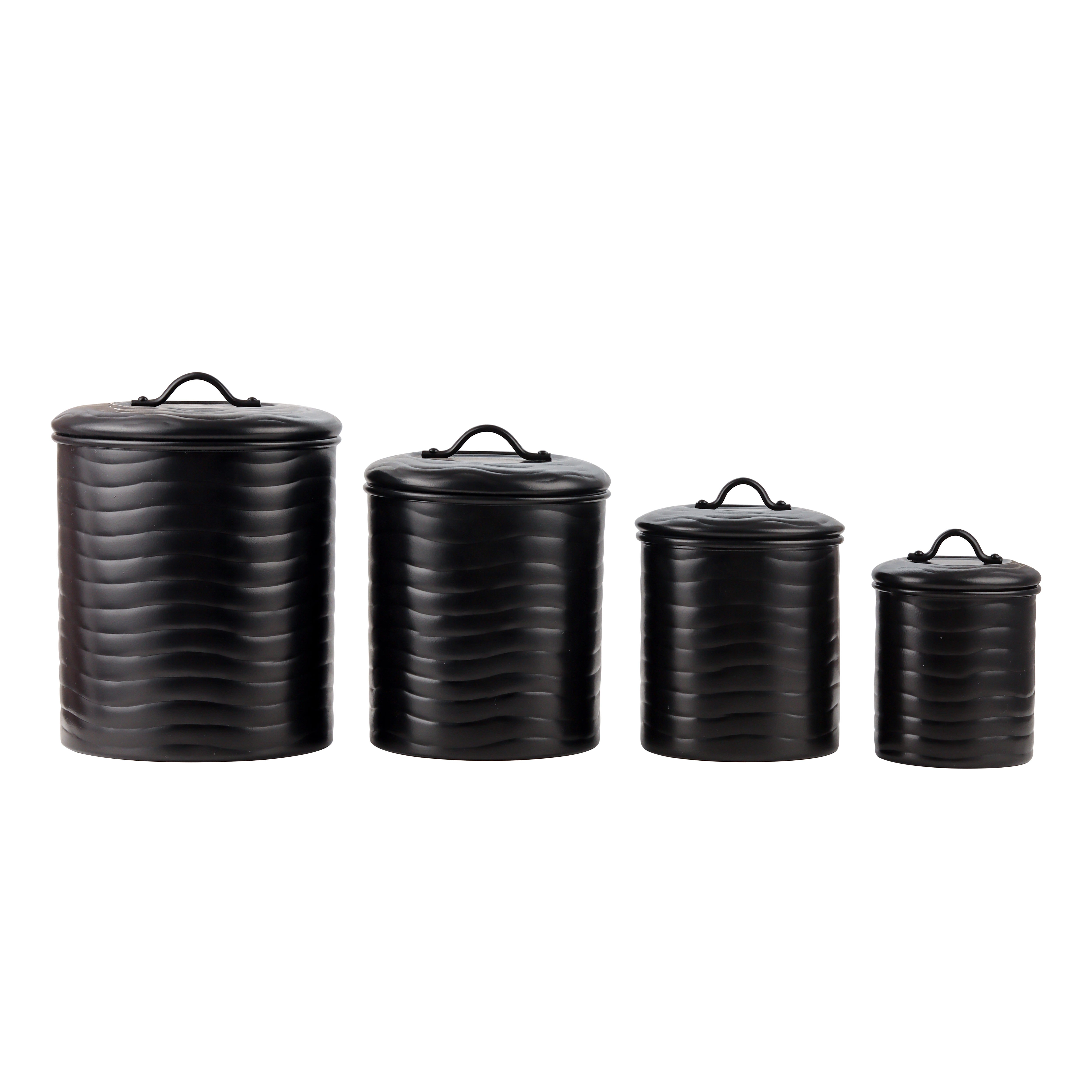 Matt Black Powder Coating Steel Kitchen Storage Canister Set Includes Large, Medium, Small & Extra Small Sizes| Kitchen Organiser & Condiment storage (Set of 4)