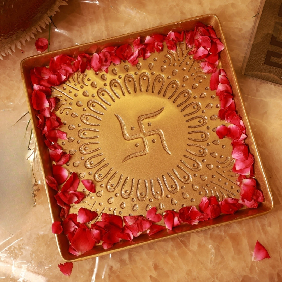 Swastik Gold Finish Urli Platter - Decorative Bowl for Flowers & Candles