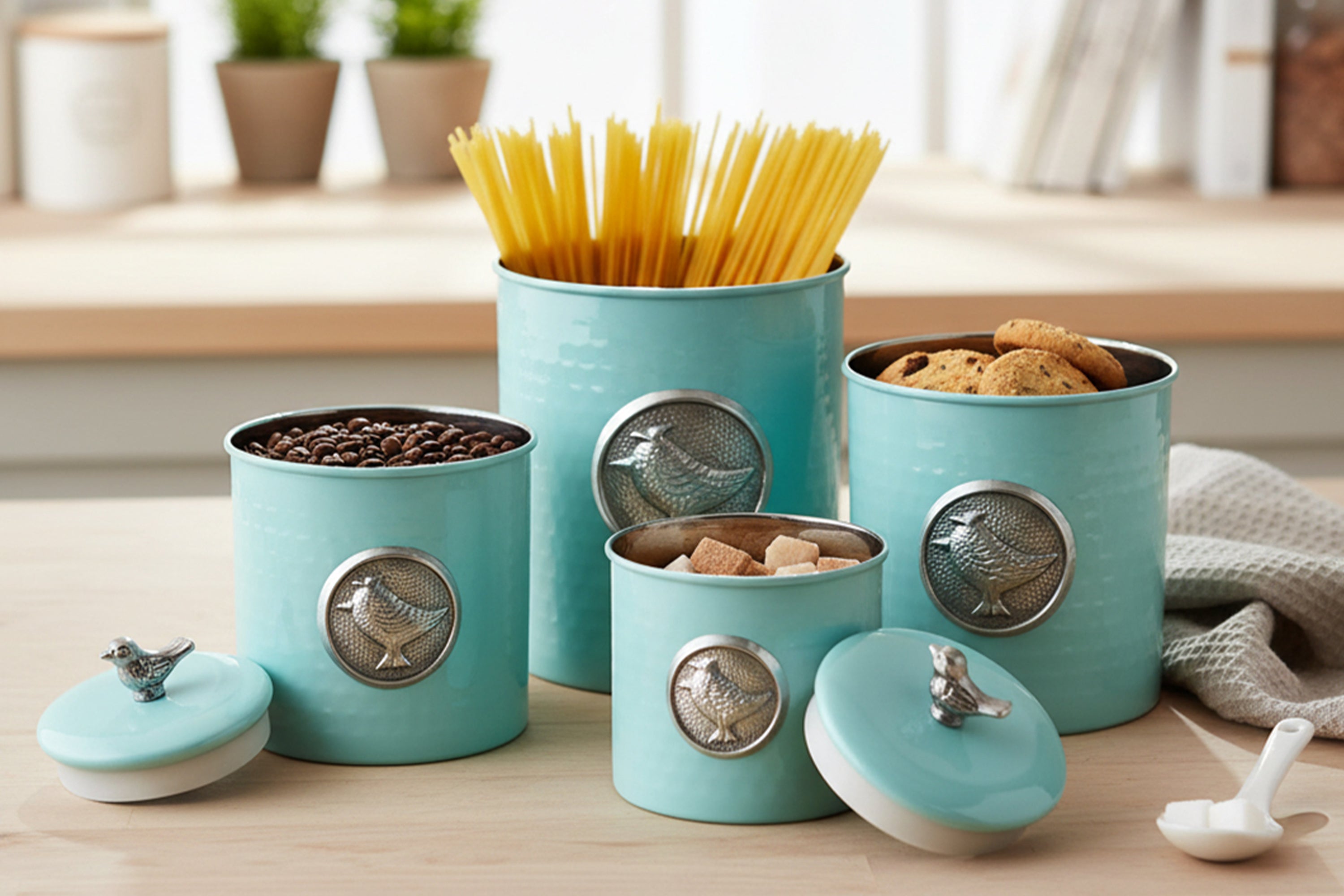 Matt Blue Powder Coating Steel Kitchen Storage Canister Set Includes Large, Medium, Small & Extra Small Sizes | Kitchen Organiser & Condiment storage