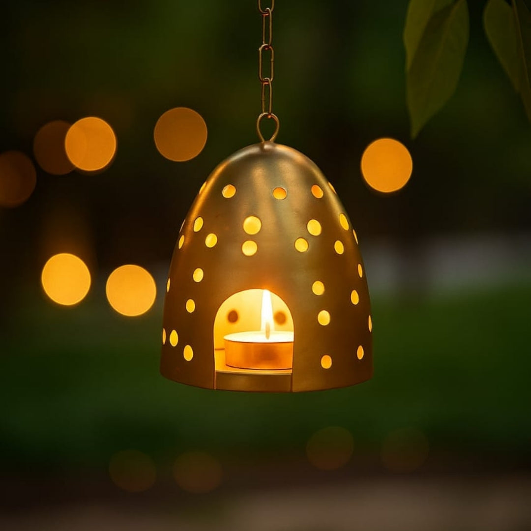 Hanging Enclosed Cave Votive Holder - Elegant Metal Lantern for Home Decor - Perfect for Candles and Tea Lights - Handcrafted Design for Cozy Ambiance
