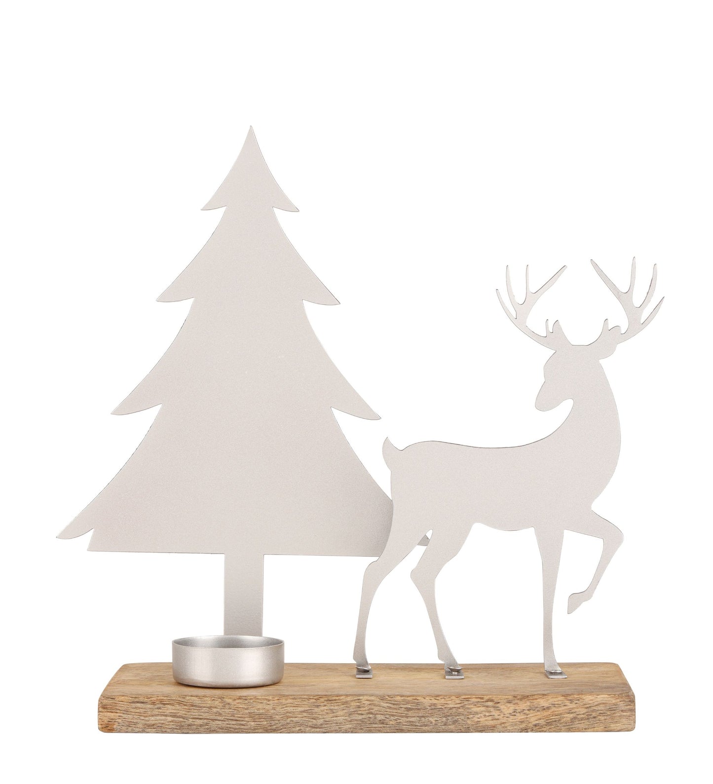 Christmas Silver Reindeer and Tree with Tealight Candle Holder and Wooden Base