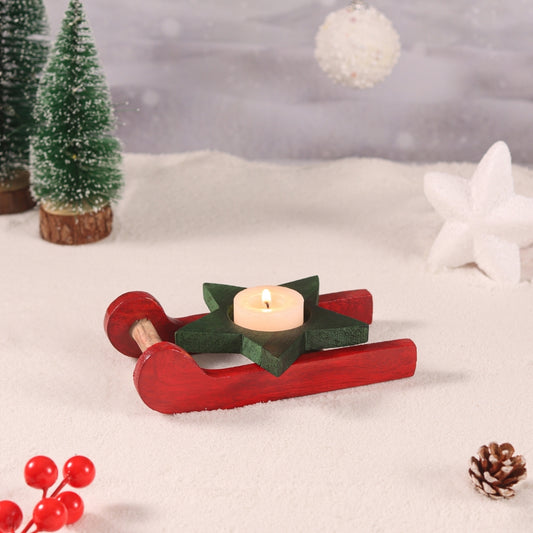 Christmas Red Tree, Snowflake and and Star tealight candle holder with Green Christmas sleigh  Set of 3