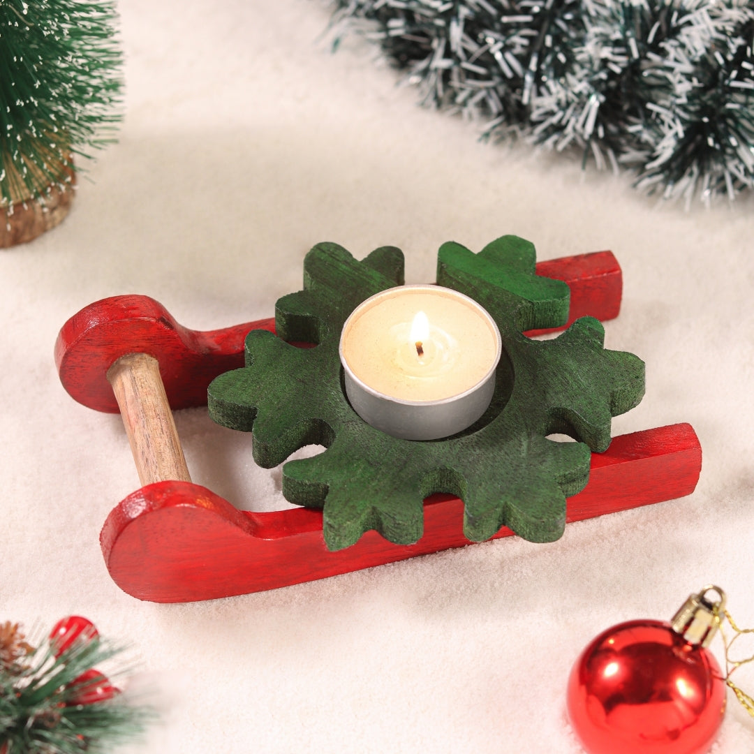 Christmas Red Tree, Snowflake and and Star tealight candle holder with Green Christmas sleigh  Set of 3