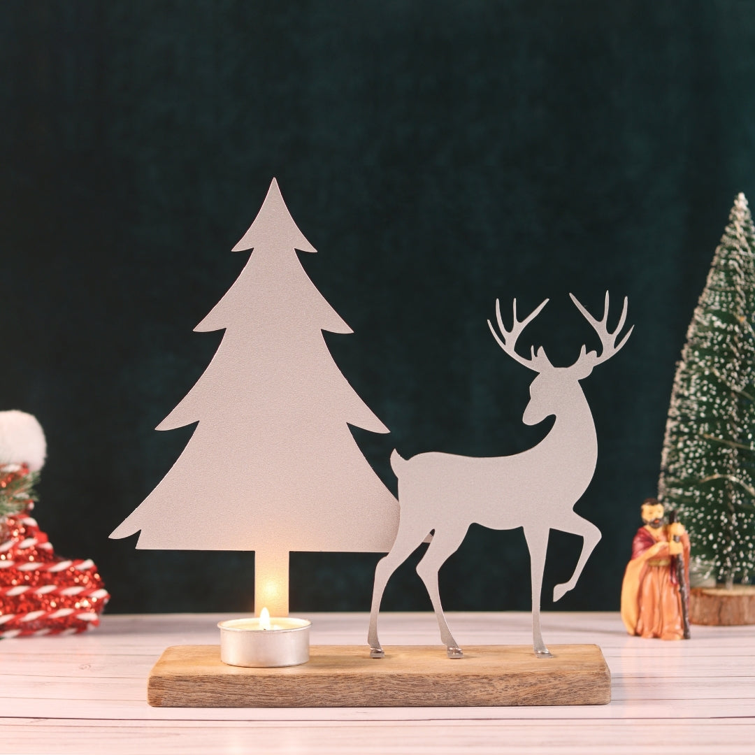 Christmas Silver Reindeer and Tree with Tealight Candle Holder and Wooden Base