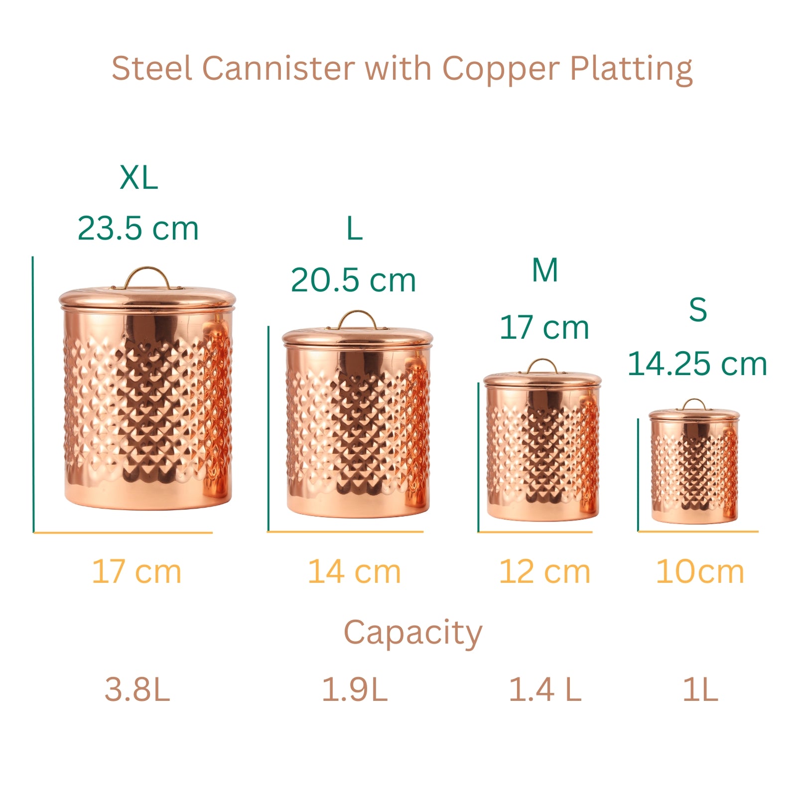 Diamond Emobosed Kitchen Storage Canister Platting of Copper Set Includes Large, Medium, Small & Extra Small Sizes | Kitchen Organiser & Condiment storage (Set of 4)