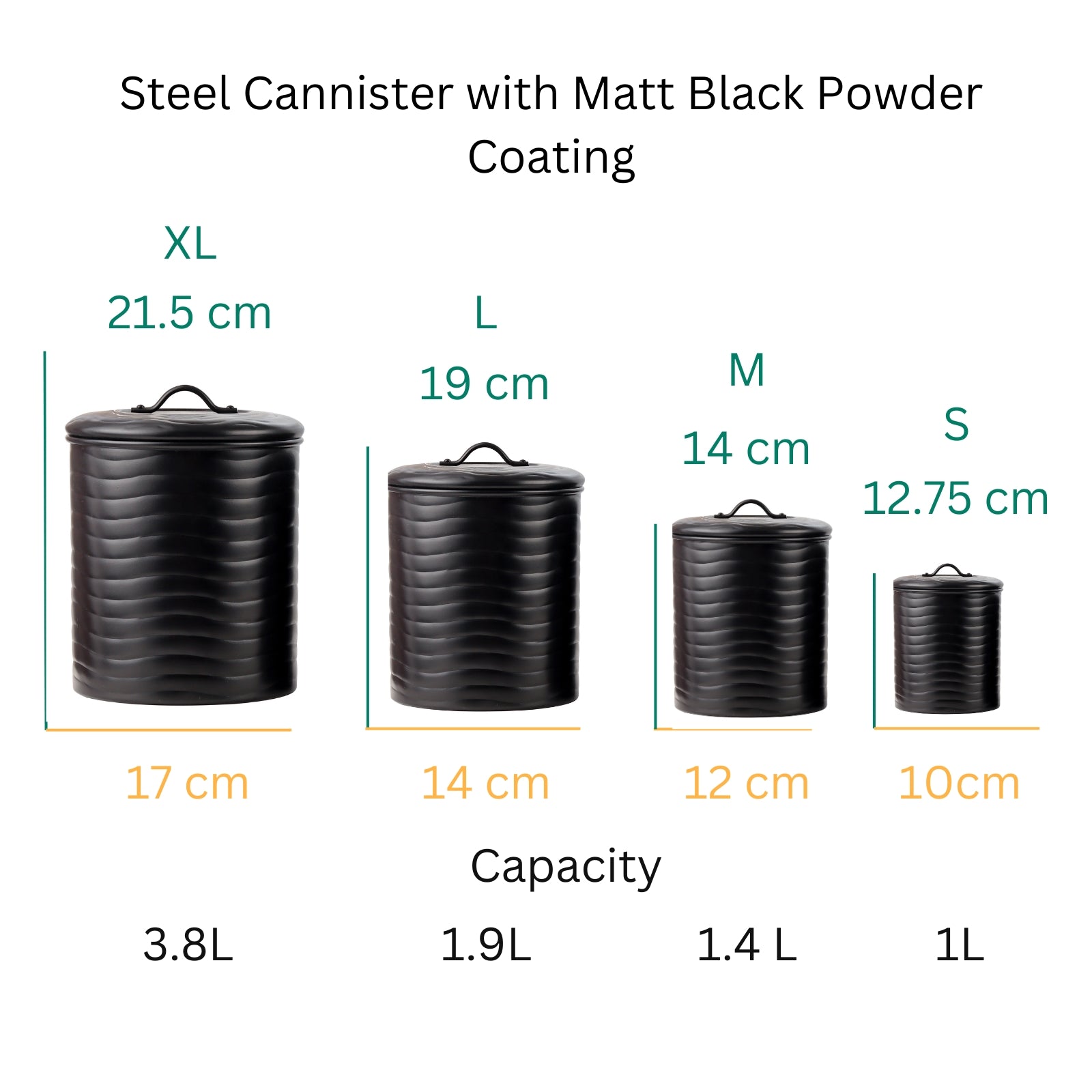 Matt Black Powder Coating Steel Kitchen Storage Canister Set Includes Large, Medium, Small & Extra Small Sizes| Kitchen Organiser & Condiment storage (Set of 4)