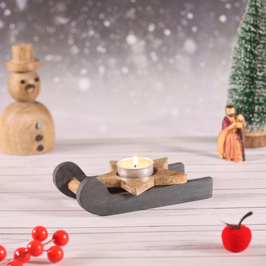 Natural Wood Christmas Tree, Snowflake and and Star tealight candle holder with Grey Christmas sleigh  Set of 3