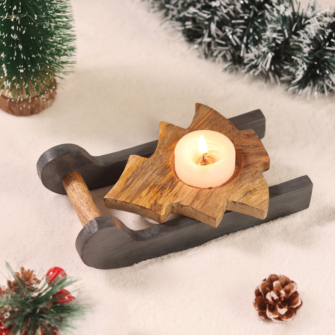 Natural Wood Christmas Tree, Snowflake and and Star tealight candle holder with Grey Christmas sleigh  Set of 3