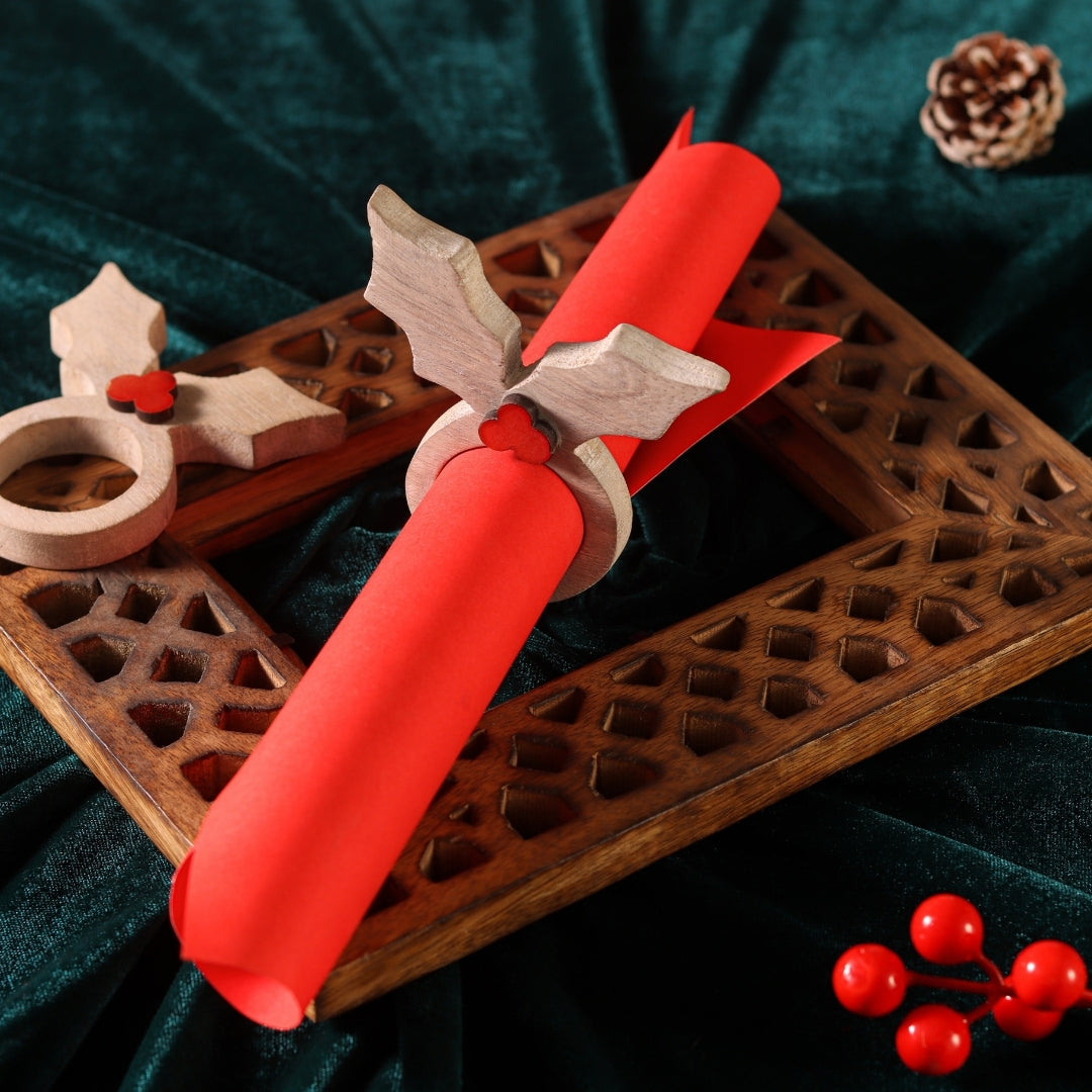 Christmas Reindeer Horn Wooden Ribbon Shaped Napkin Ring Set of 12