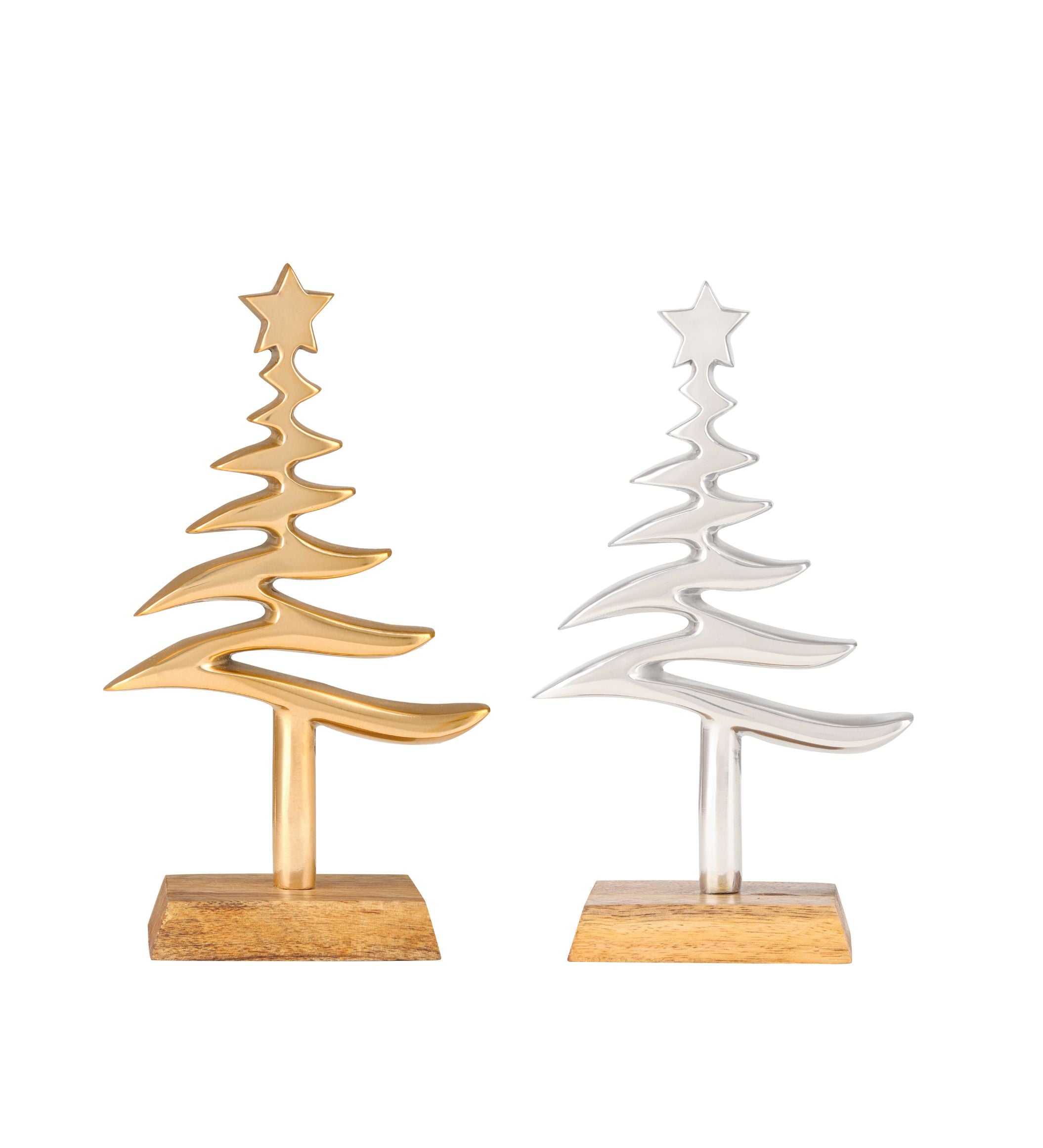 Christmas Tree Artifact with wooden Stand S/2 (Silver and Aluminium)