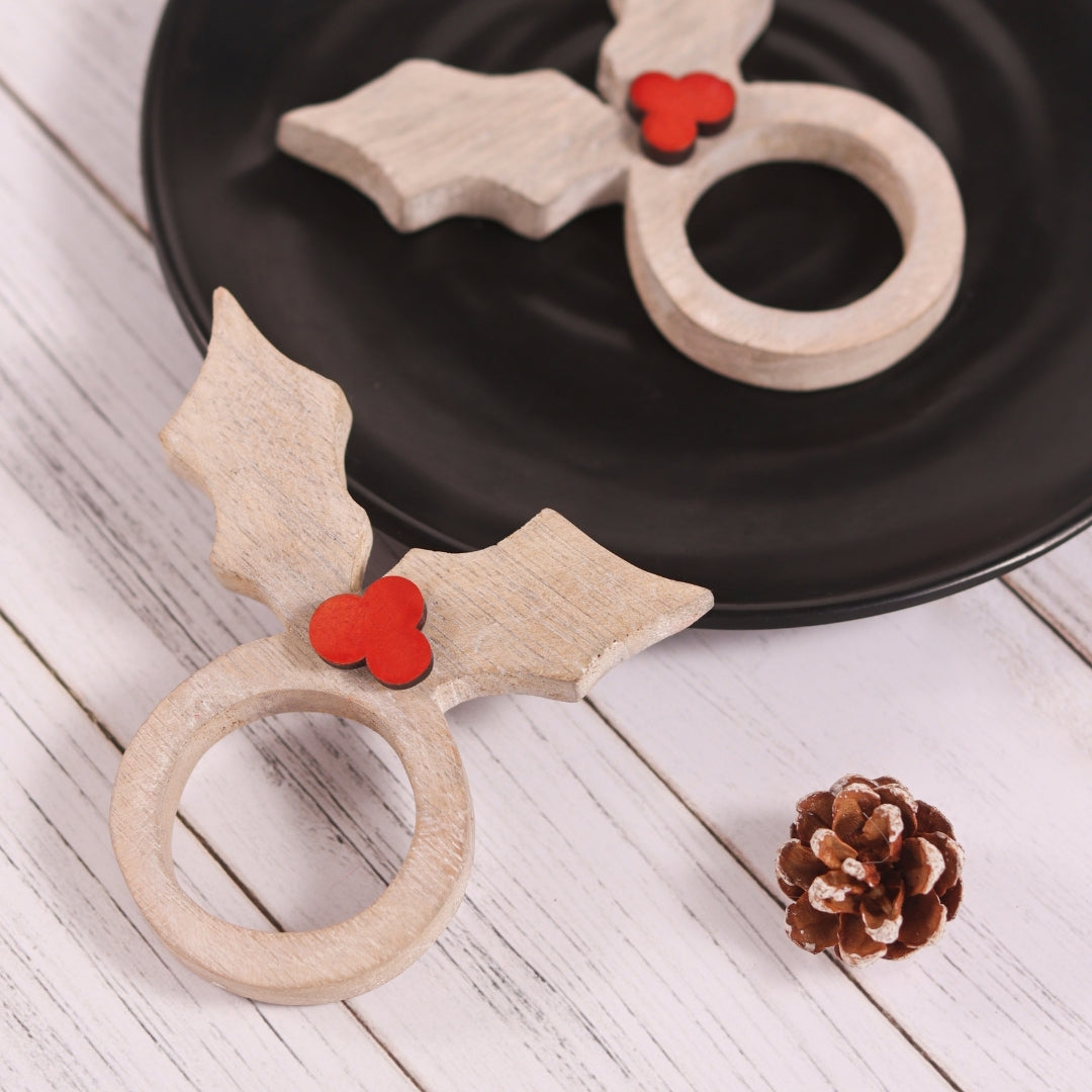 Christmas Reindeer Horn Wooden Ribbon Shaped Napkin Ring Set of 12