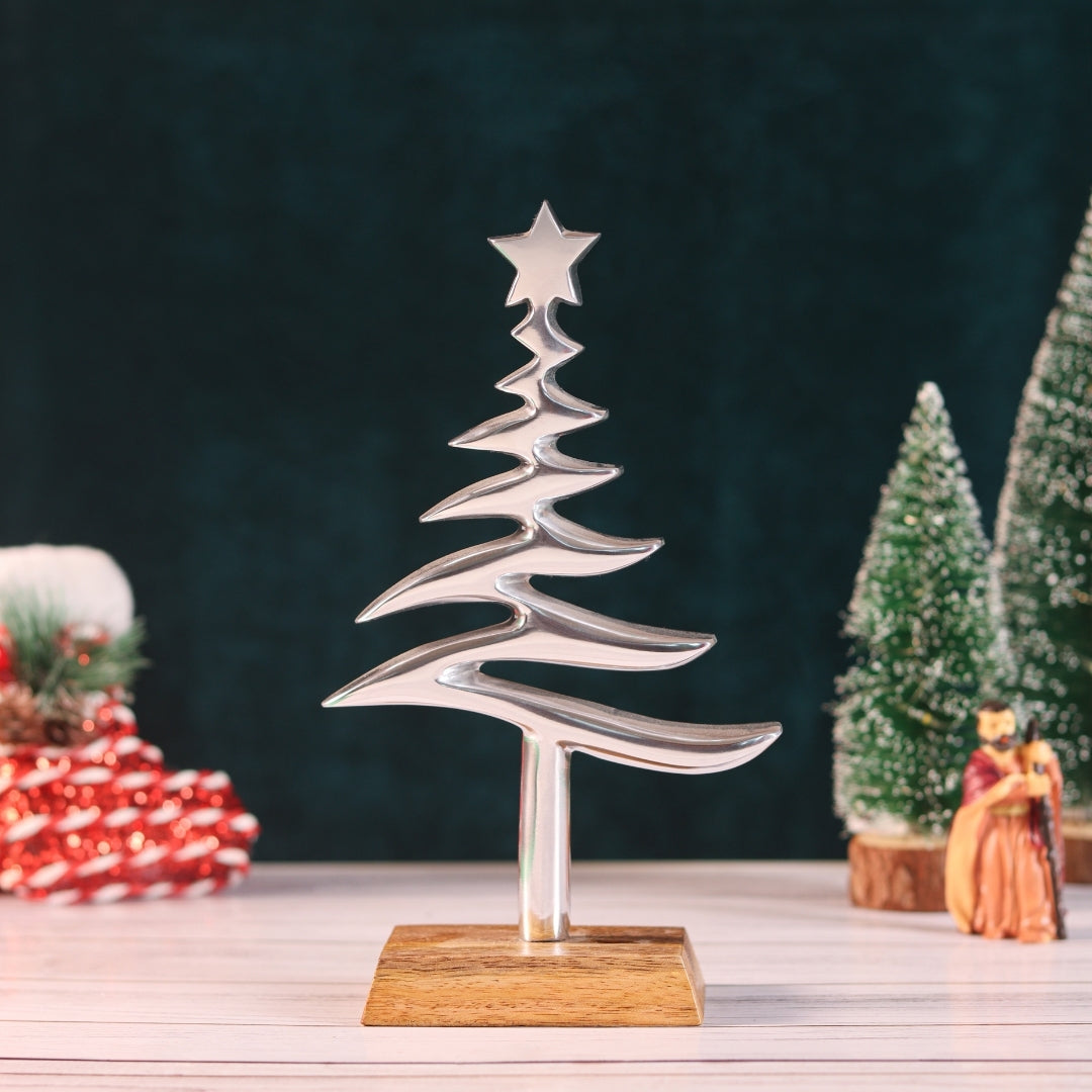 Christmas Tree Artifact with wooden Stand S/2 (Silver and Aluminium)