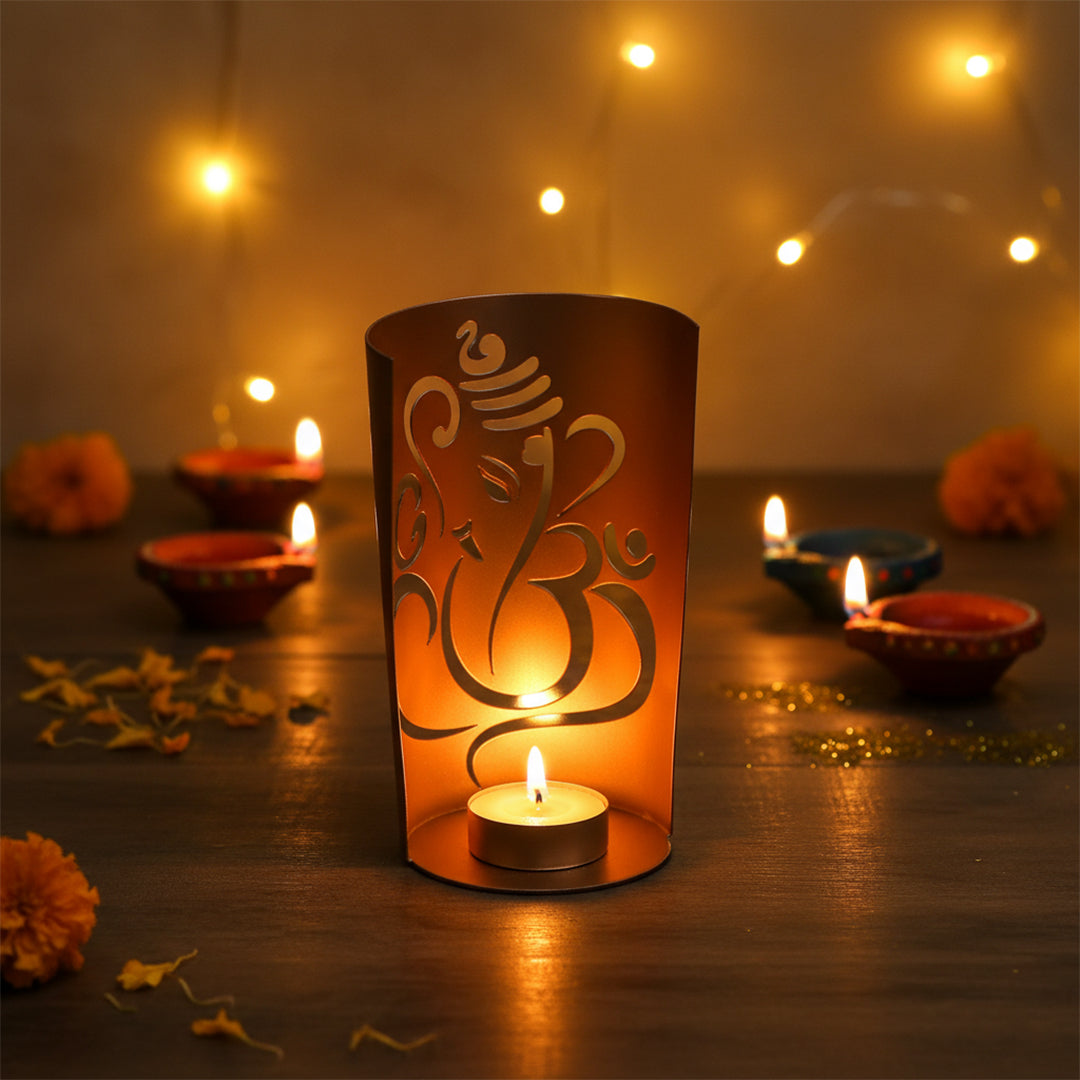 Iron Ganesh Candle Stand with Gold Finish