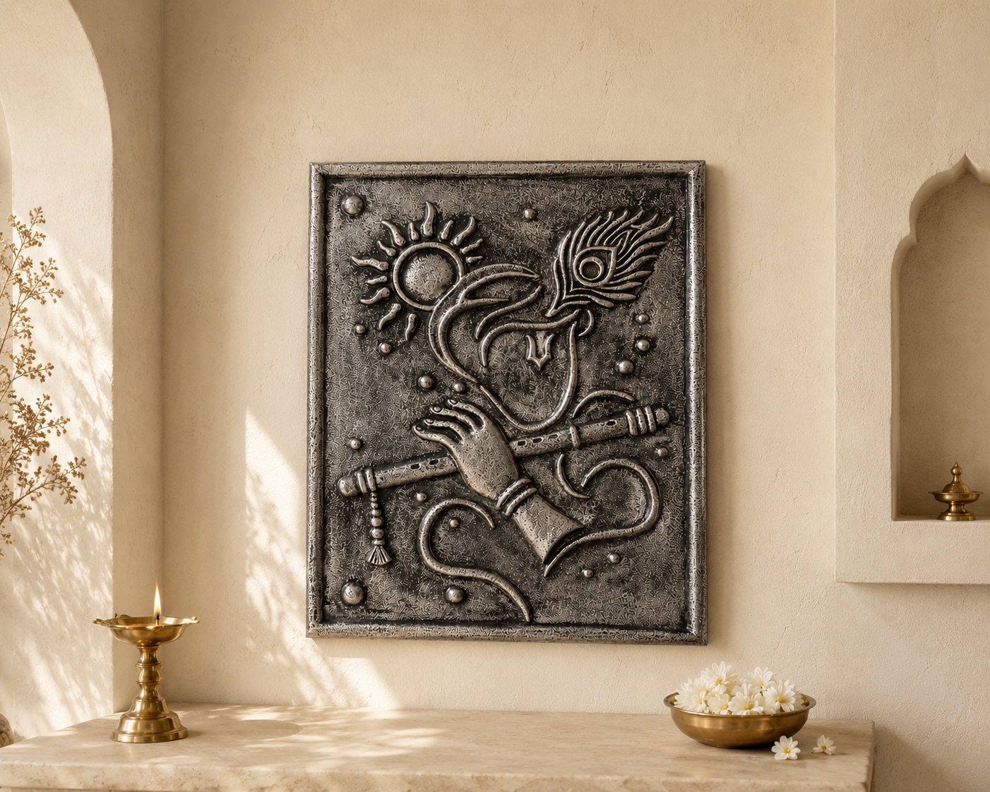 Krishan Ji aluminium wall hanging with flute in matt silver patina finish, 14 x 18 inches