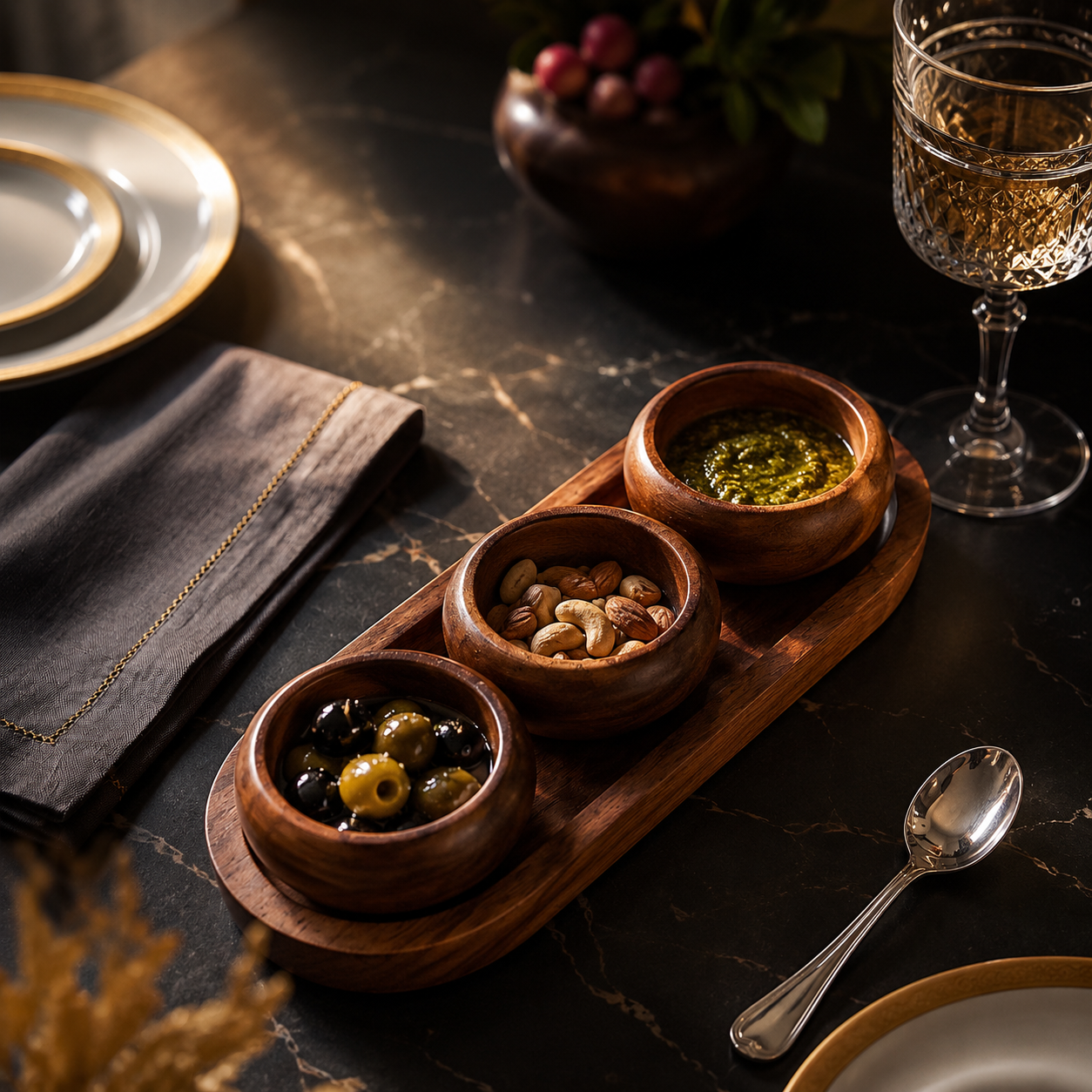 Wooden Tray With 3 Bowls