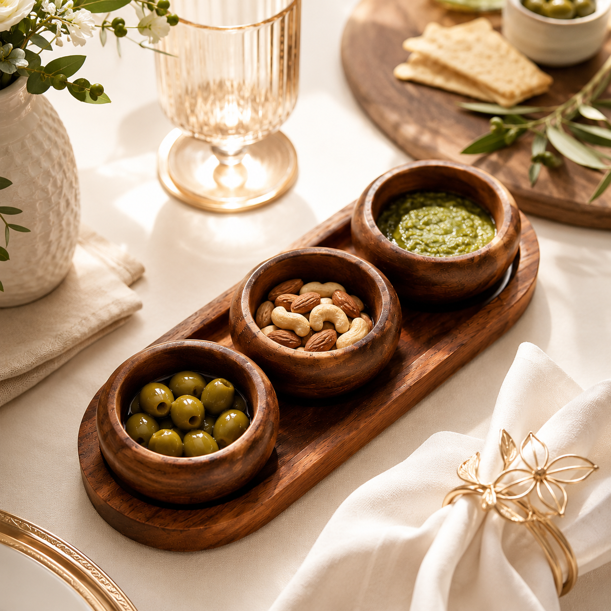 Wooden Tray With 3 Bowls