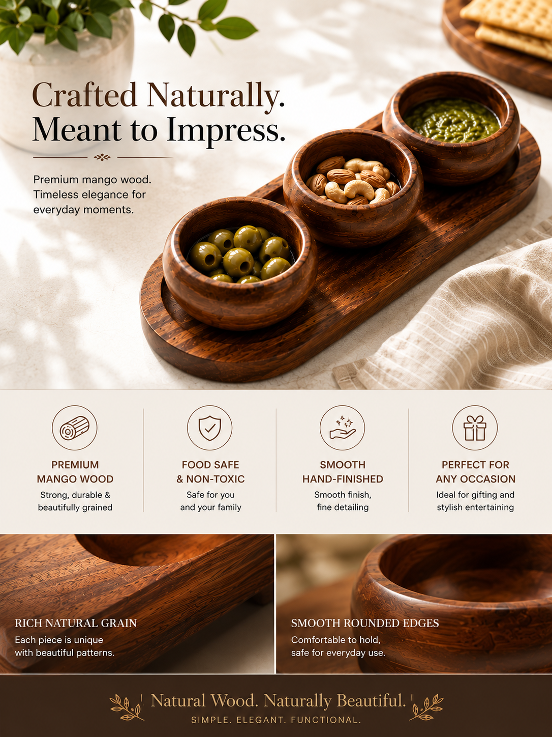 Wooden Tray With 3 Bowls