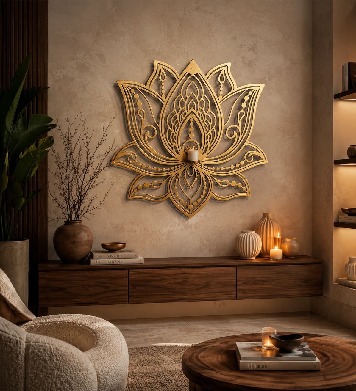 Wall hanging lotus with candle stand large 28 inch metal wall decor
