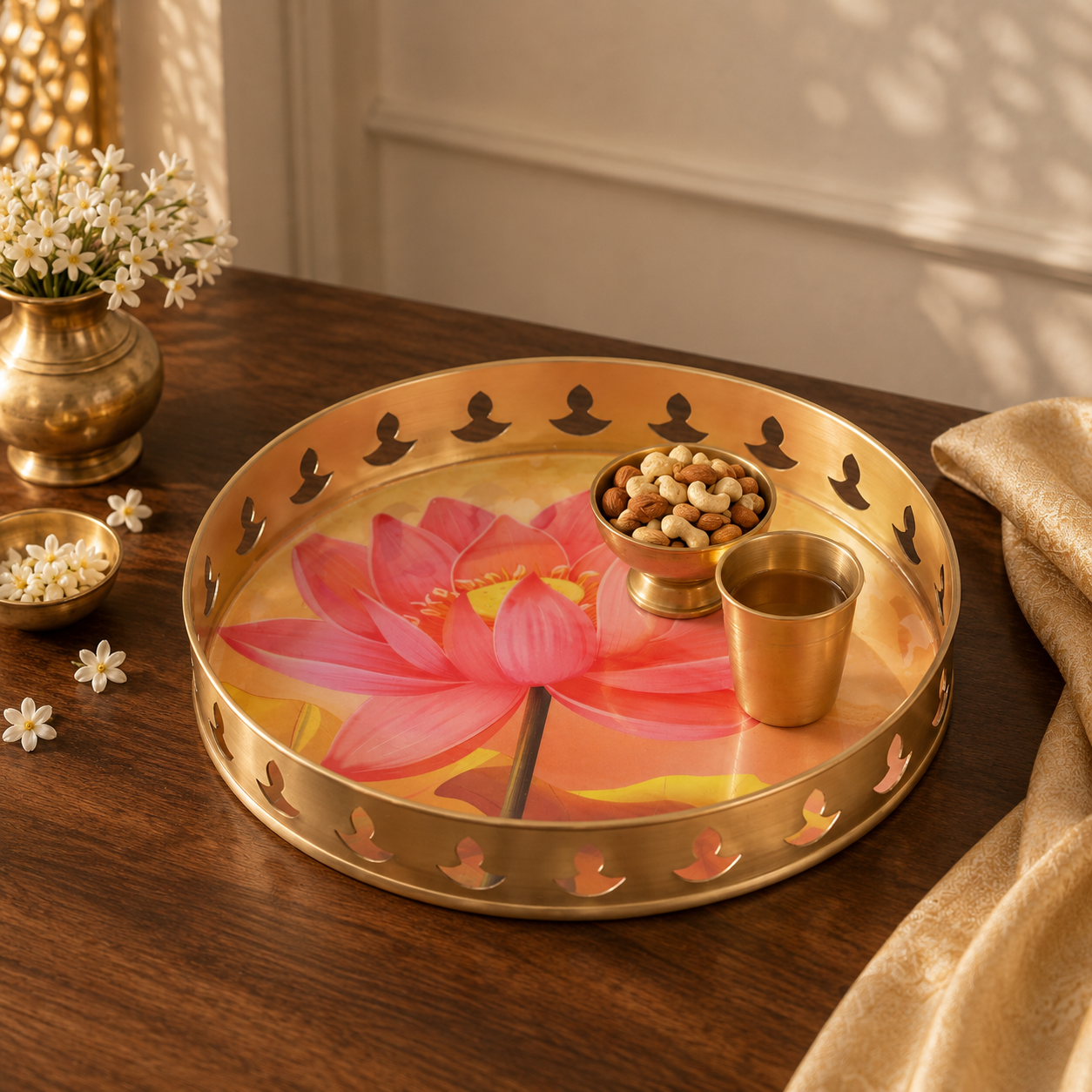 Round Serving Tray with Lotus