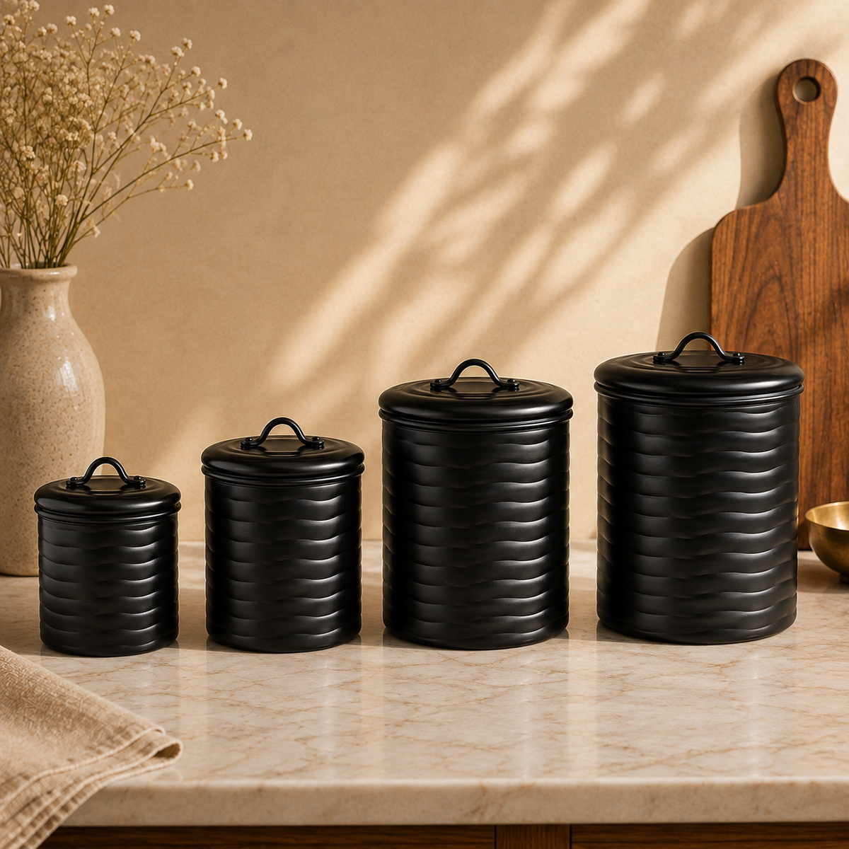 Matt Black Powder Coating Steel Kitchen Canister (Set of 4)