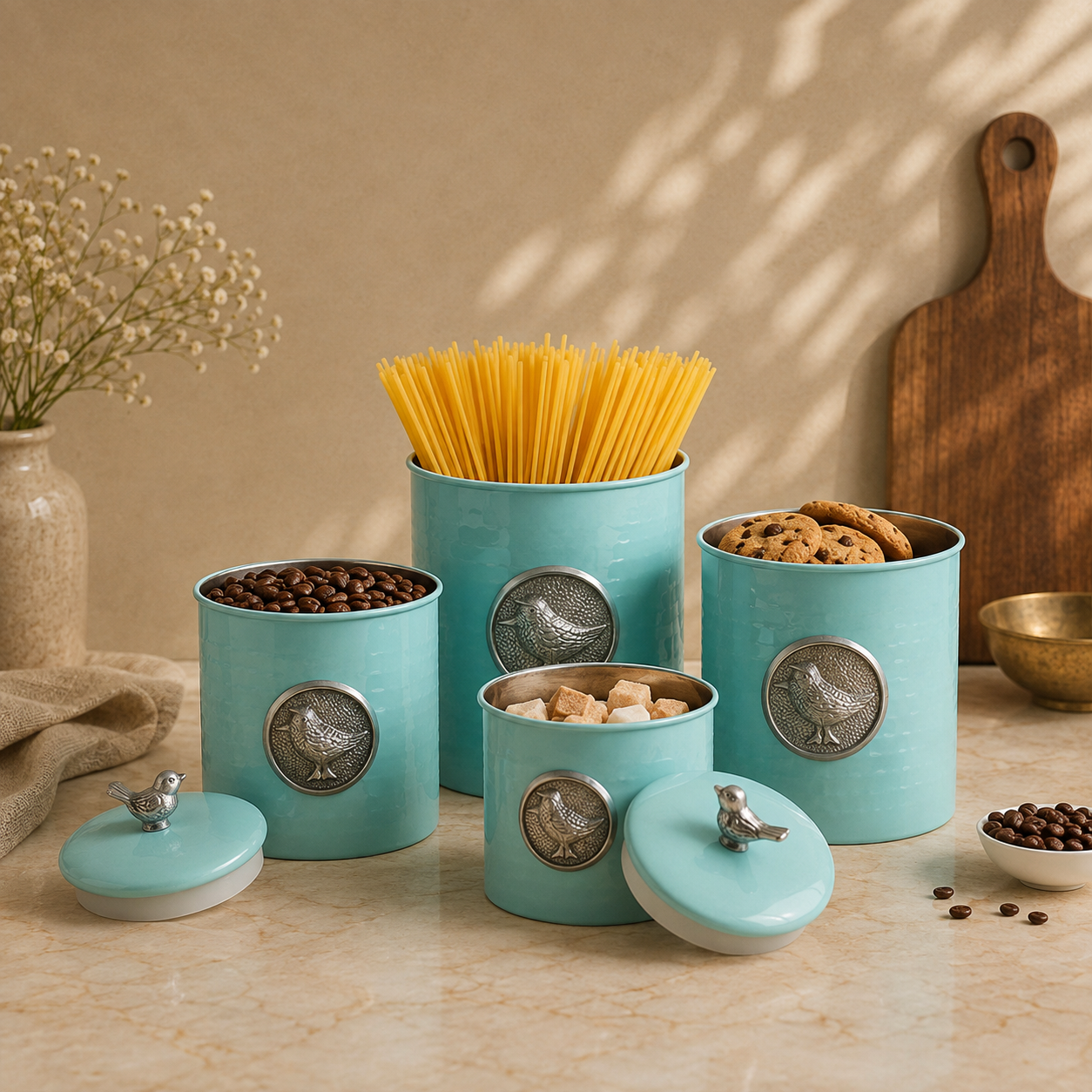 Matt Blue Powder Coating Steel Kitchen Storage Canister