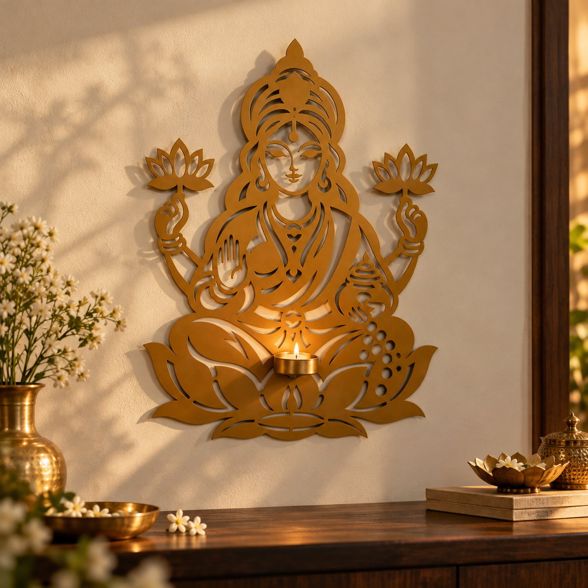 Laxmi Ji metal wall hanging lit with candle in pooja setting