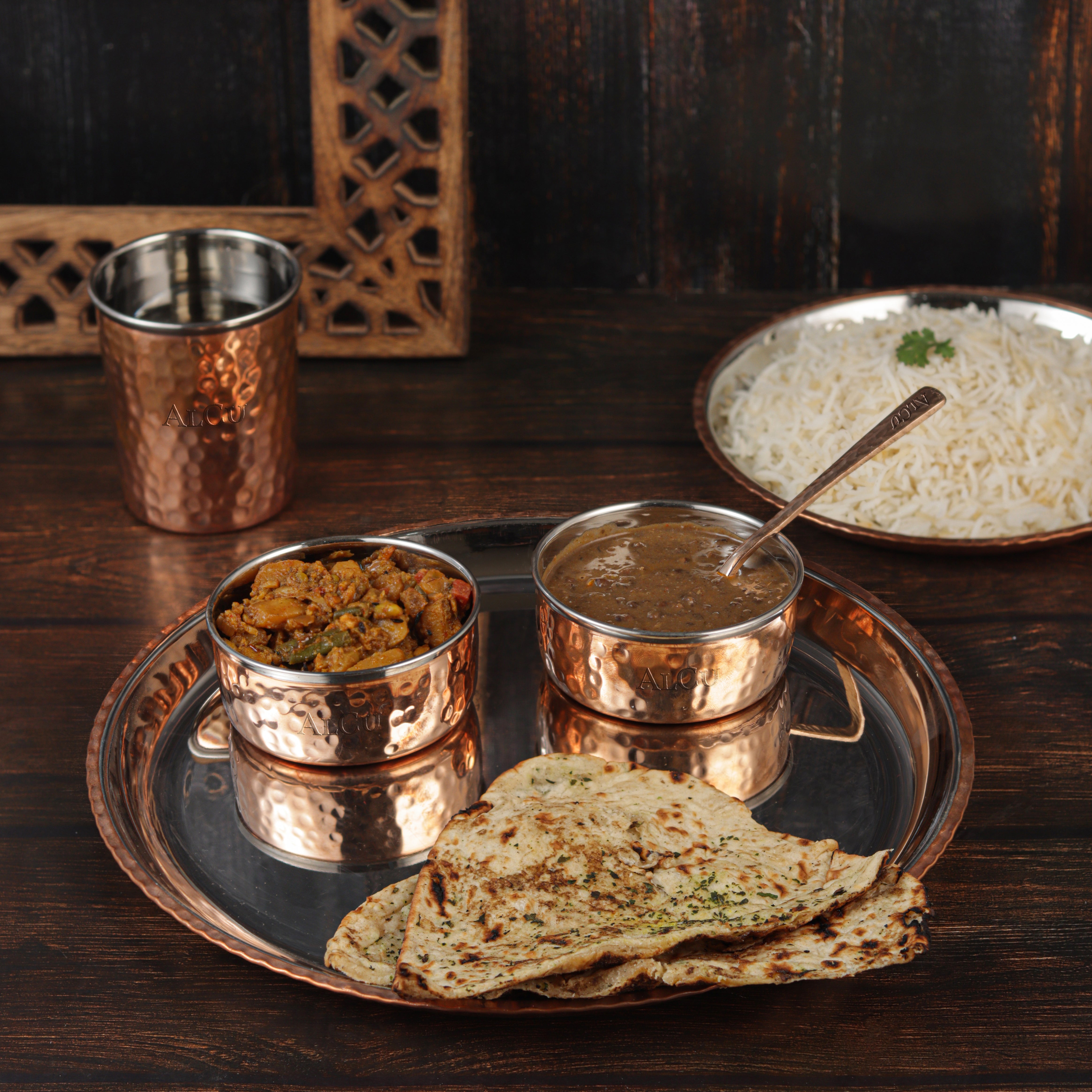 Copper and Steel Dinner Set (One plate, Two Bowls, One glass, Two Spoons and one Quarter Plate)