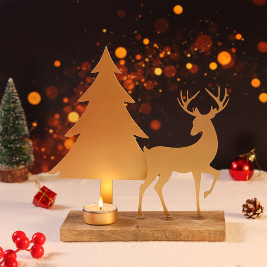 Christmas Gold Reindeer and Tree with Tealight Candle