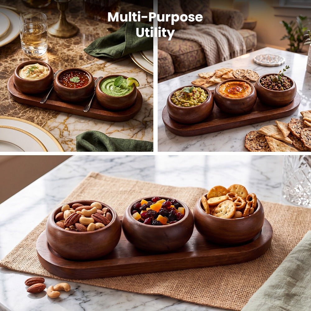 Wooden Tray With 3 Bowls