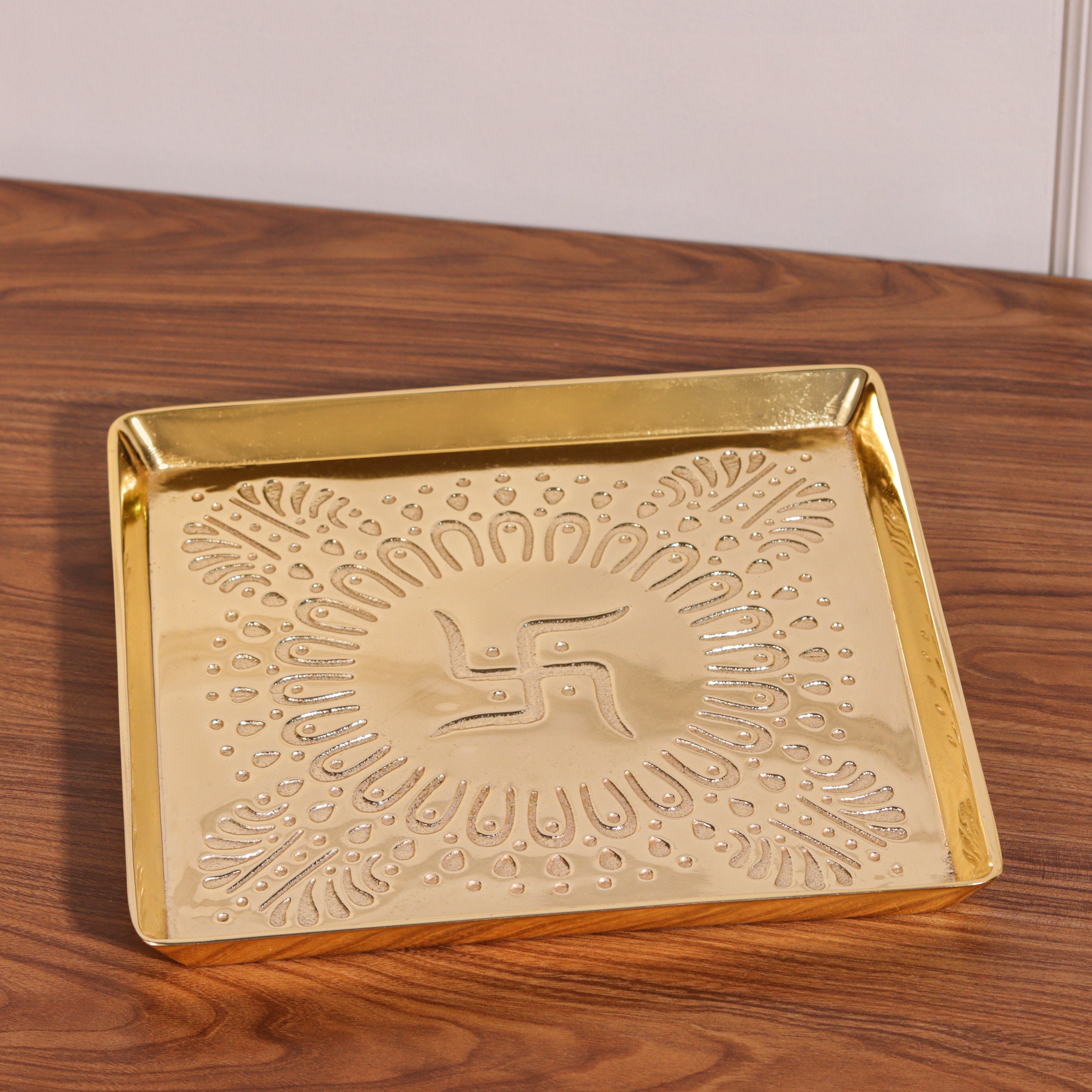 Swastik Gold Finish Urli Platter - Decorative Bowl for Flowers & Candles