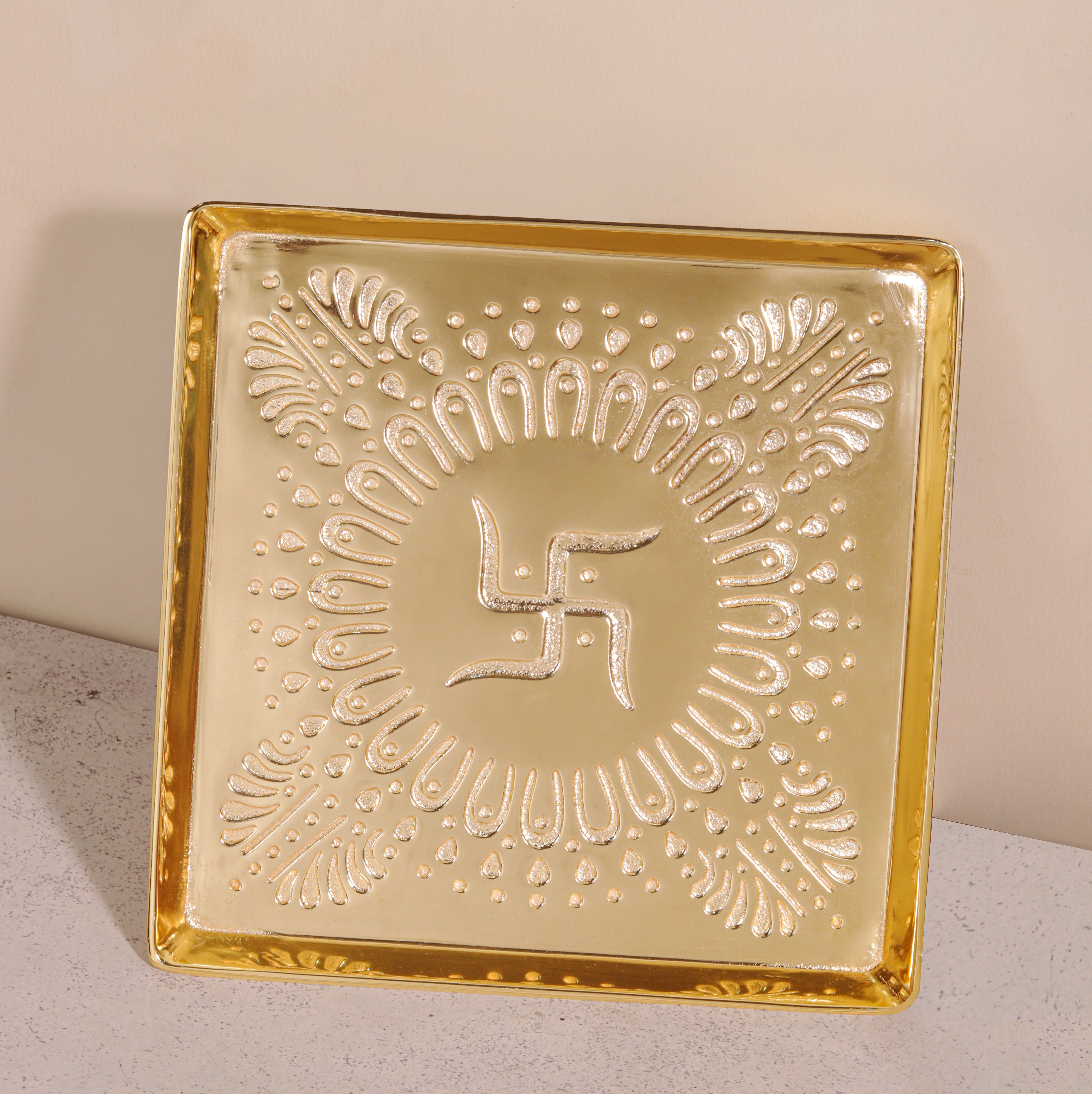 Swastik Gold Finish Urli Platter - Decorative Bowl for Flowers & Candles