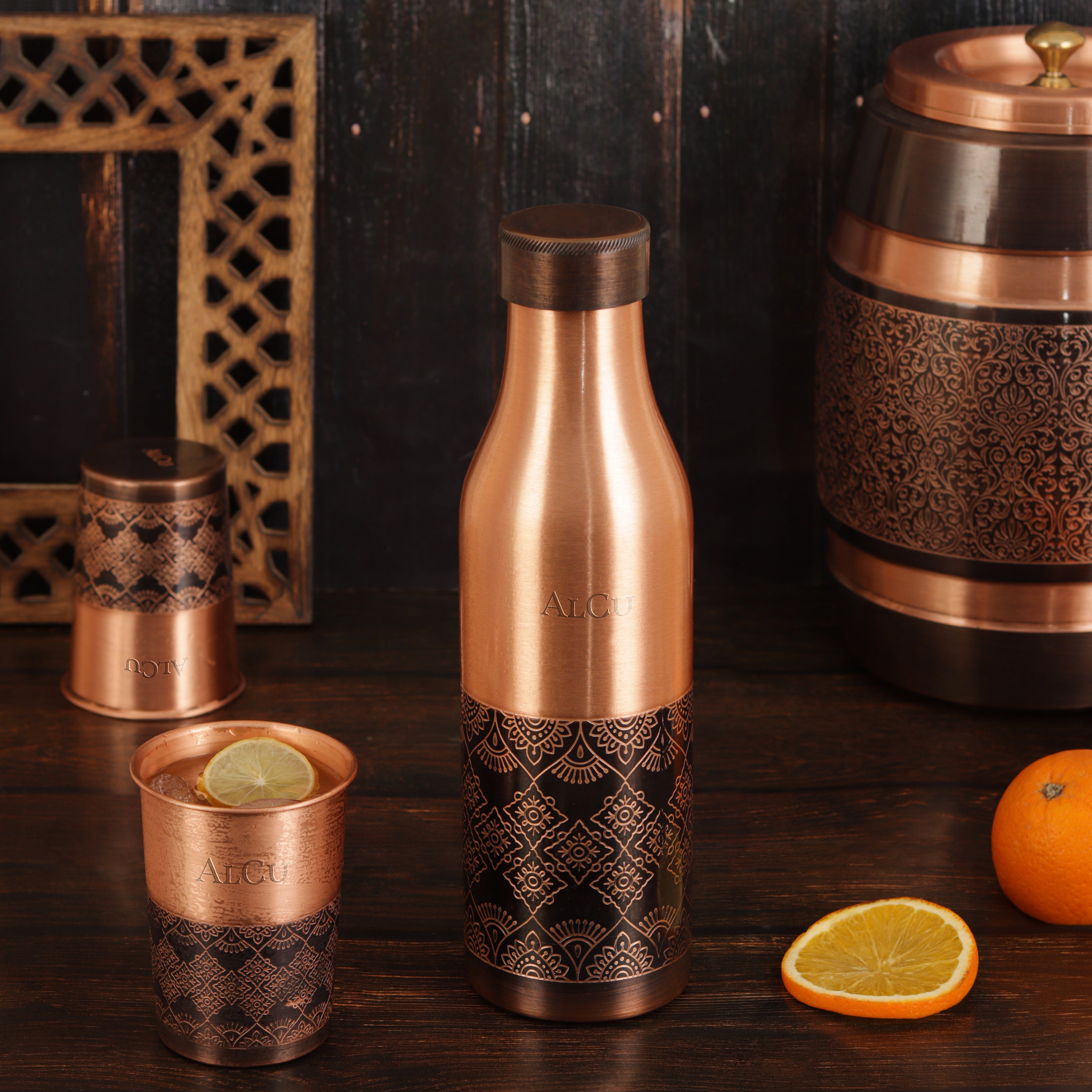 Copper Water Bottle with Set of 2 Glasses | Copper Gift Set – Alcu